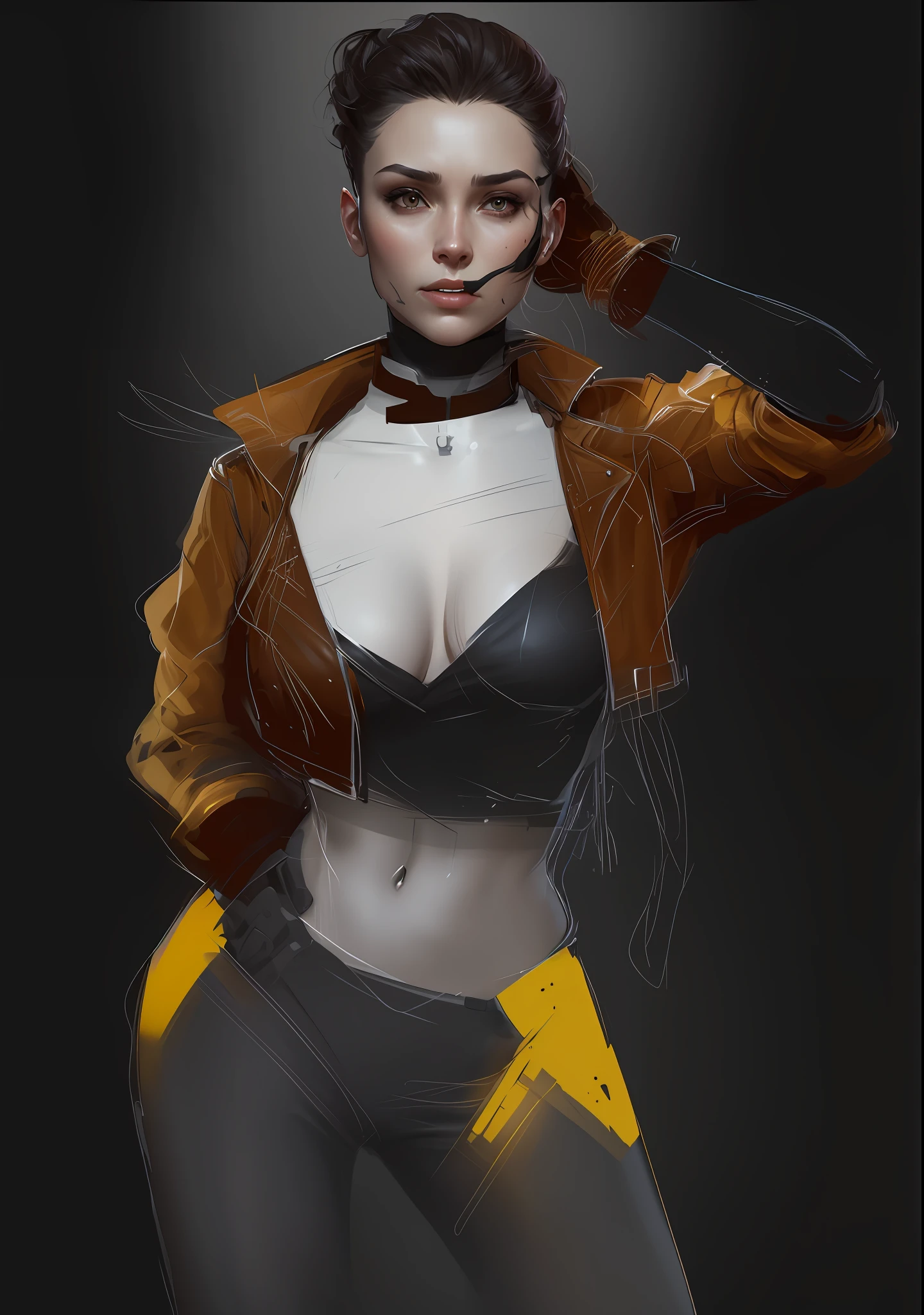 there is a woman in a brown jacket and black pants, female lead character, digital painting concept art, digital character painting, character painting, wojtek fus, realistic character concept, alexandra fomina artstation, character concept portrait, concept portrait, painted character portrait, cgsociety portrait, character concept art portrait