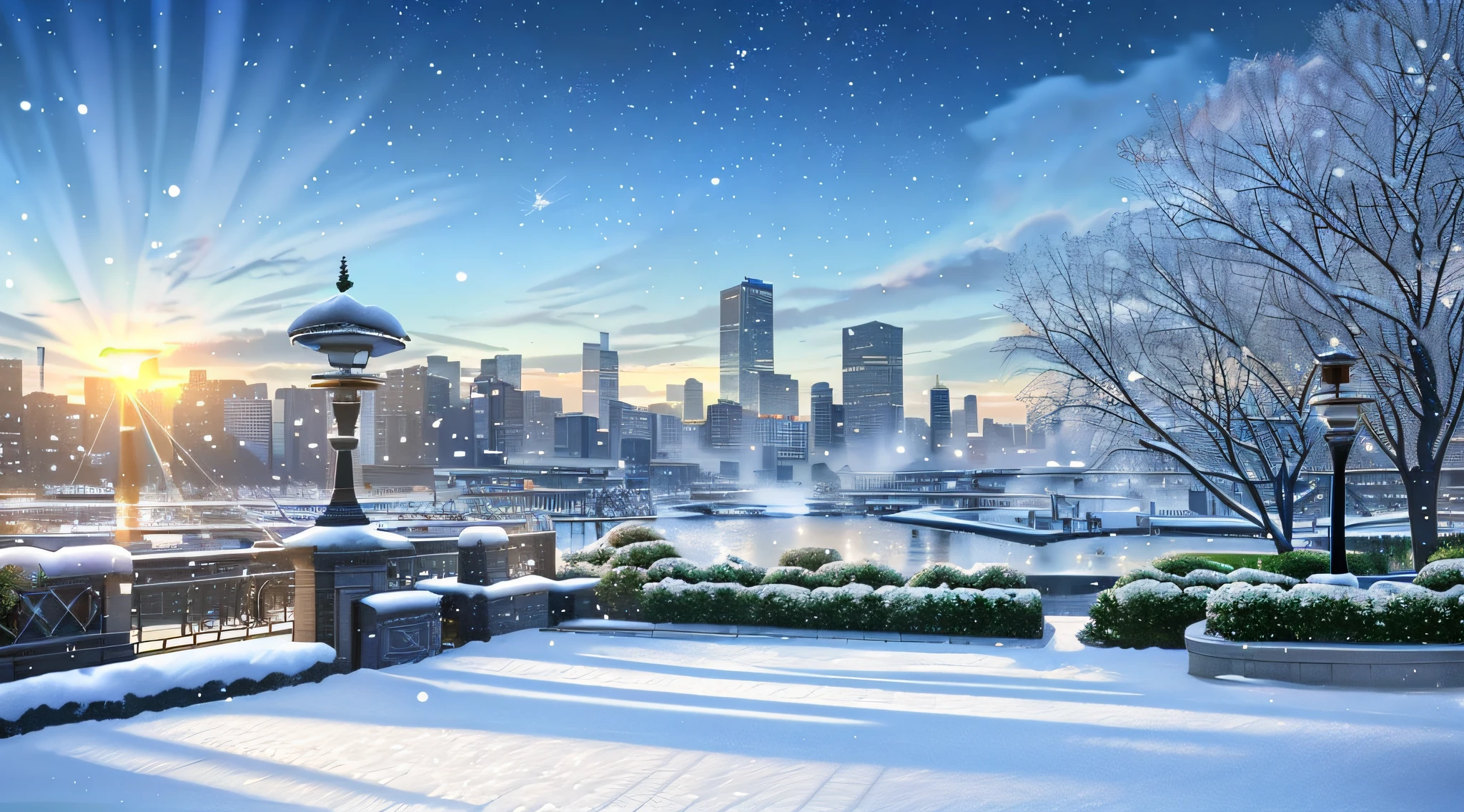 Scenery, City , Garden , floating Snow , Winter , Wind , Cloud , Blue sky , evening , shooting stars in the sky , Sun , Breeze