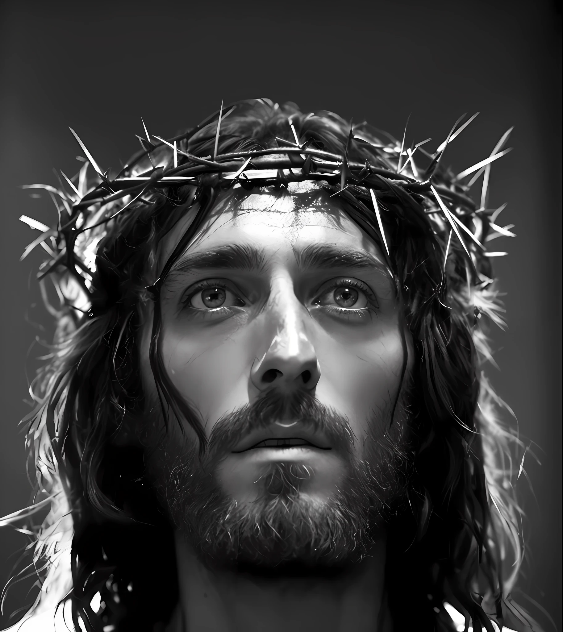 A backlit cinematic portrait of a man with a crown of thorns on his head, jesus, jesus of nazareth, jesus christ, by Mirabello Cavalori, portrait of jesus christ, crown of thorns, jesus face, in the design of eliot kohek, by Lee Jeffries, christian, king of kings, by emmanuel lubezki, lubezki