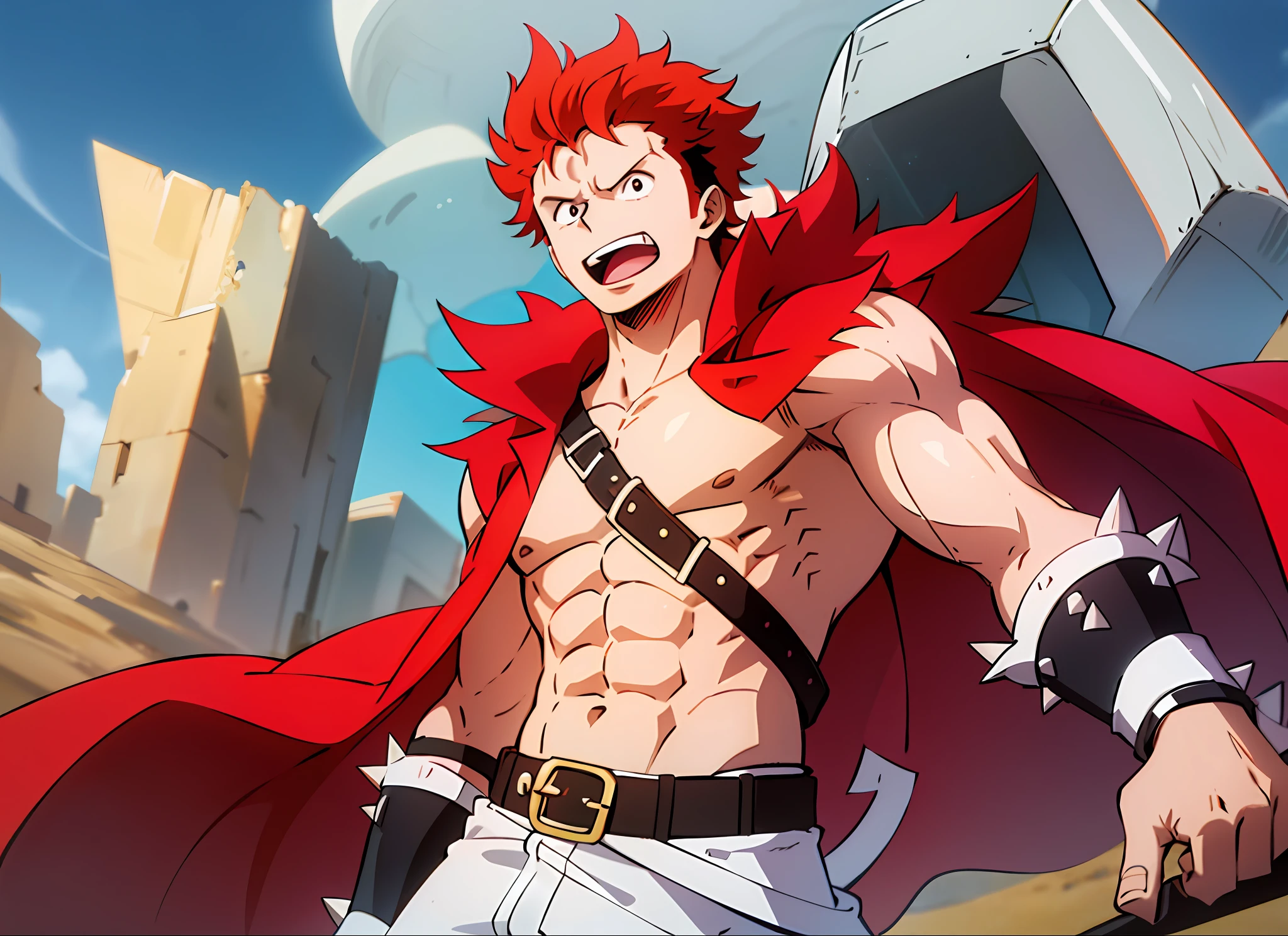 A young man with spiky red hair,open white outfit showing his muscles,with fancy red cape,yellow pants with black details,one piece style blue belt,detailed 4k