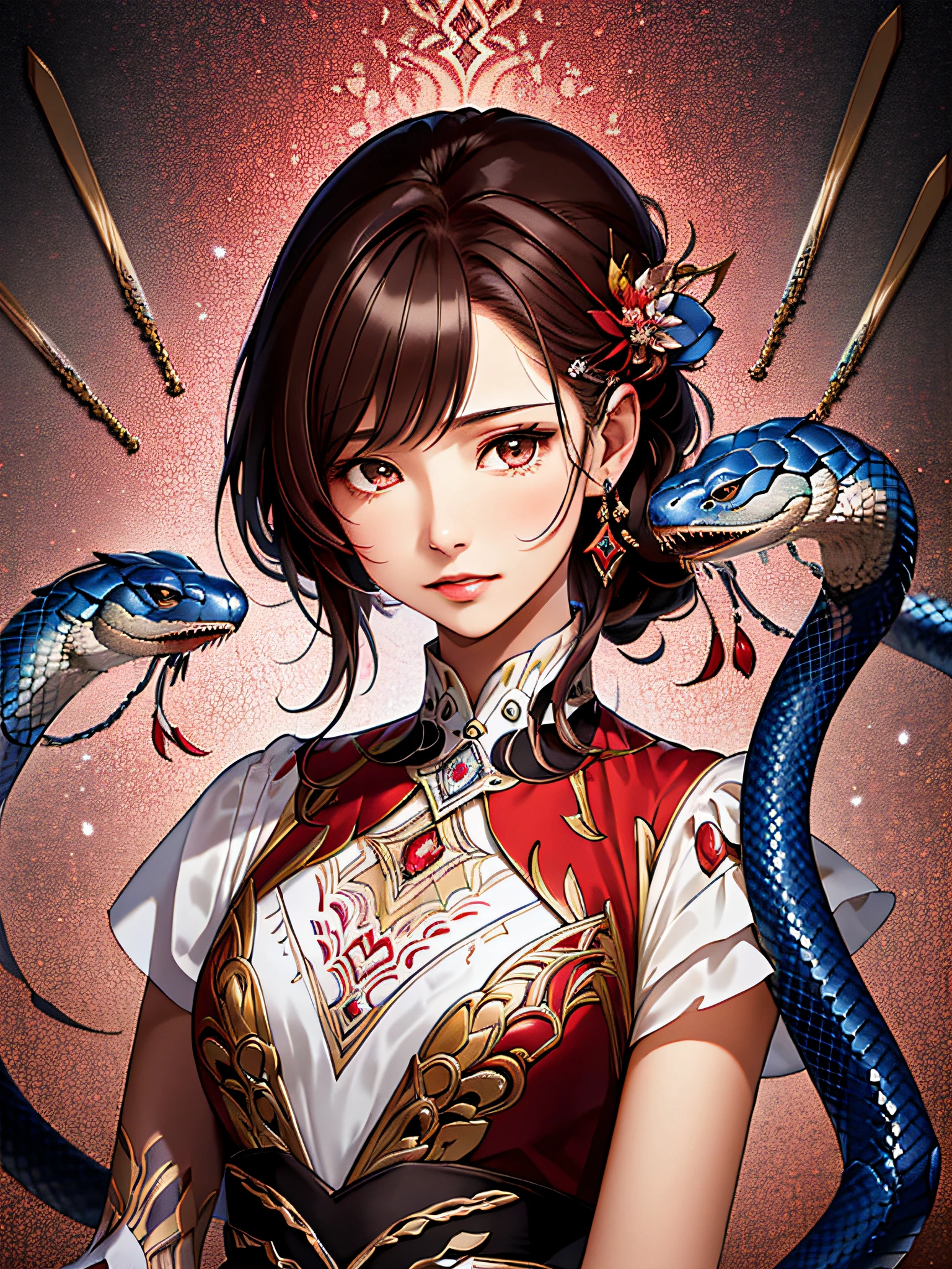 (by Miwa Komatsu:1.4),(by Yuko Higuchi:1.3),(by Miho Hirano),(masterpiece,best quality,官方艺术,美丽和审美:1.2),(ultra-detailed),finely detail,best illustration,hand drawn high quality,(High contrast),(clean lines:1.3),(lineart),line drawing,(Intricate lines),ligne claire,pen and color ink drawing,simple colorful color matching,dynamic angle,(portrait,above the chest,extremely close-up:1.2),a vampire girl,solo,(She's being held captive by a giant snake:1.3),(a detailed red snake),red eyes,slightly open lips,flat chest,Dark and scary atmosphere,(Wraparound composition),(on a mysterious night),blood,(Light and elegant color scheme),(Intricate details),(detailed background:1.2),The intricate pattern,High Resolution,Art Deco,Decorative,luxury,elegant,by Pegacon Lee,by yoshitaka amano