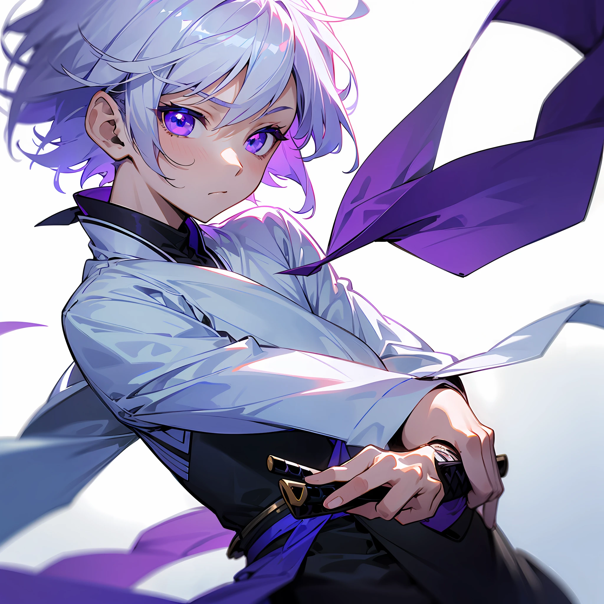 white skin, ultra beautiful face, sigurando a katana, small sword, ambient light, pessonage, anime, boy with short hair, silver white, purple eyes, beautiful eyes, shy, Maximum quality.