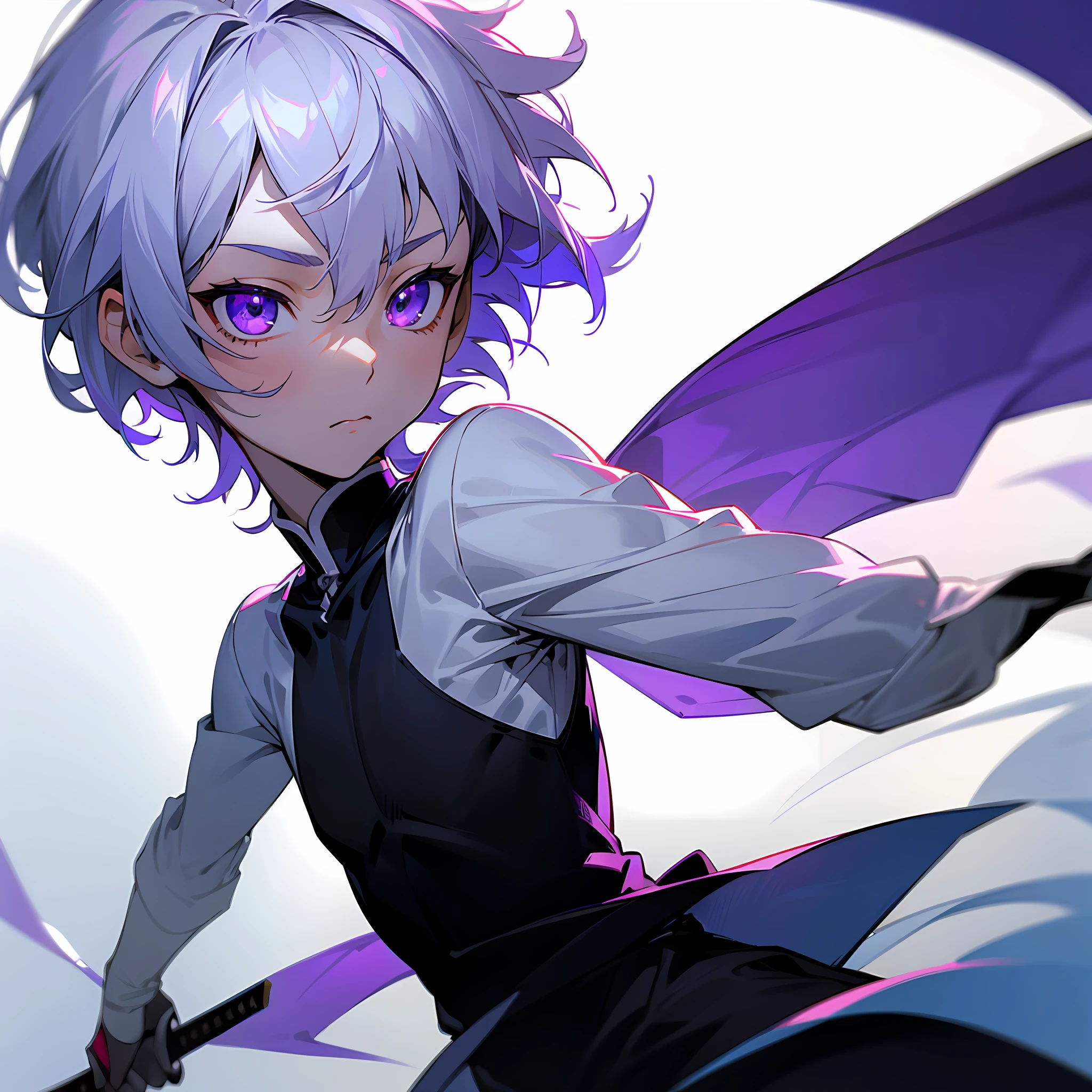 white skin, ultra beautiful face, sigurando a katana, small sword, ambient light, pessonage, anime, boy with short hair, silver white, purple eyes, beautiful eyes, shy, Maximum quality.