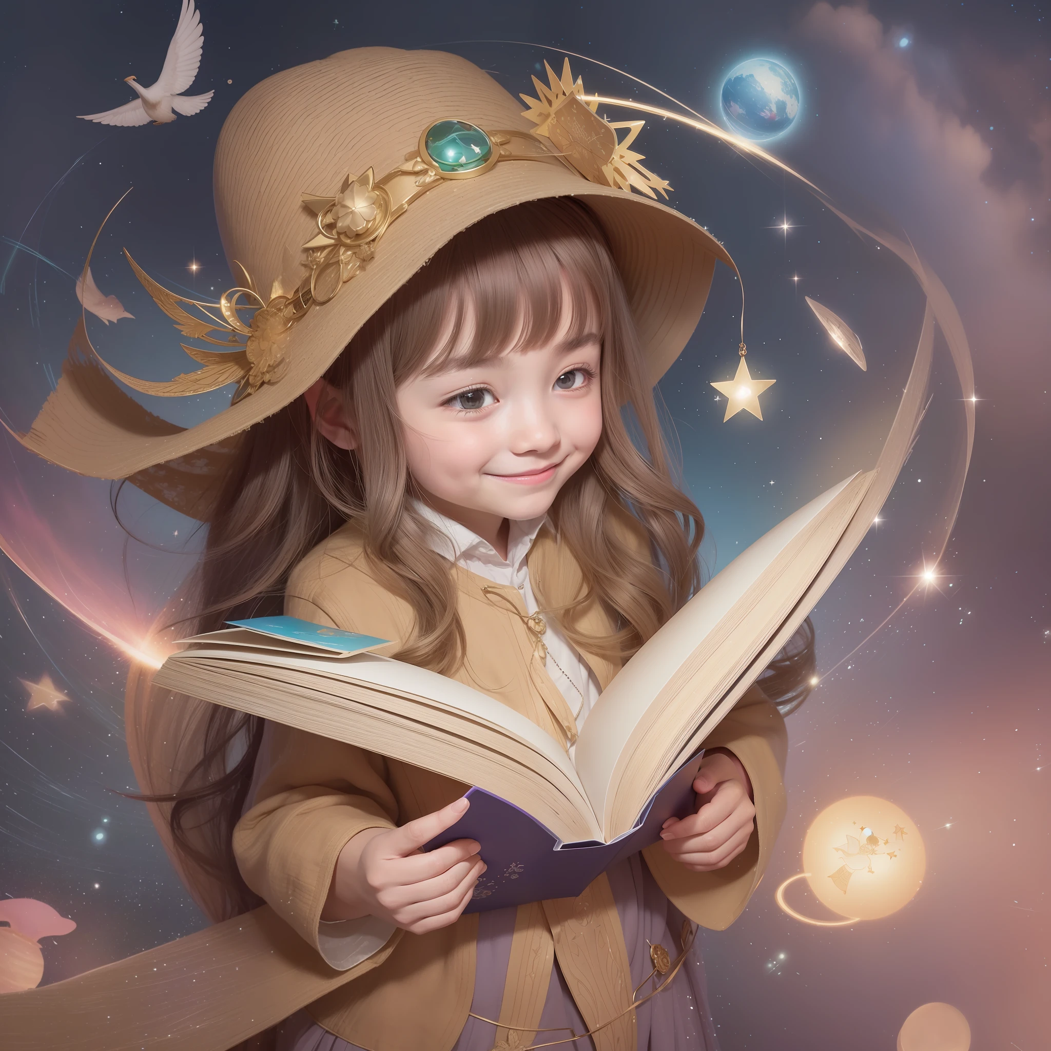 The logo is a charming and vibrant pictorial representation that captures the essence of imagination and fun. In the center, there is an open book with pages that seem to fly, like wings, in a graceful motion. The pages are filled with colorful illustrations of adorable characters and elements of nature, which reflect the magical world of children's stories. Above the book, a small halo composed of bright stars creates a glow effect, conveying the feeling of enchantment and fascination. To the left of the book, an illustration of a smiling child, wearing a goblin hat, stares in wonder at the open book, representing the infectious joy of immersing himself in captivating stories.