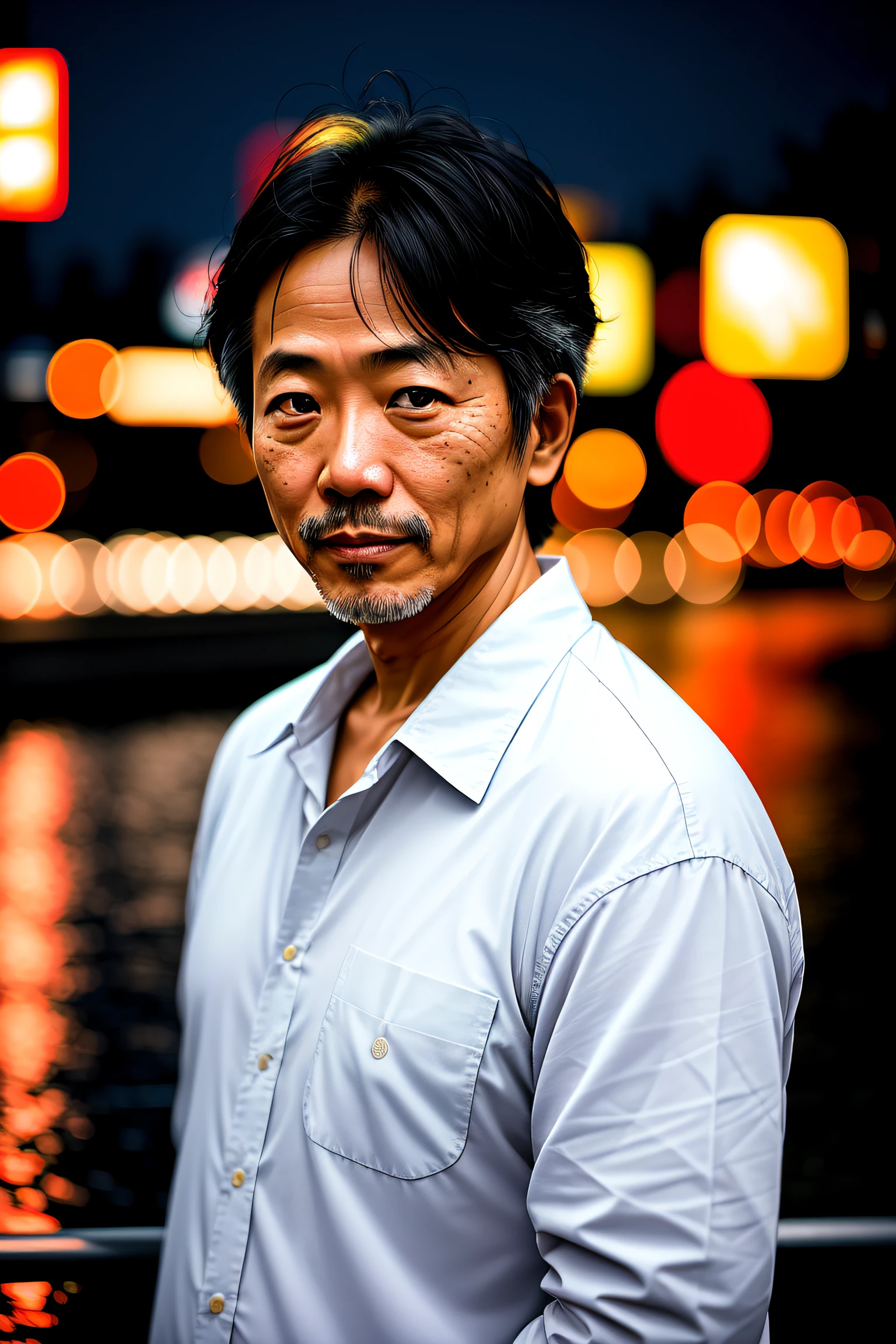 RAW photo, a portrait photo of 50 y.o japanese man in clothes, night tokyo, (high detailed skin:1.2), 8k uhd, dslr, soft lighting, high quality, film grain, Fujifilm XT3