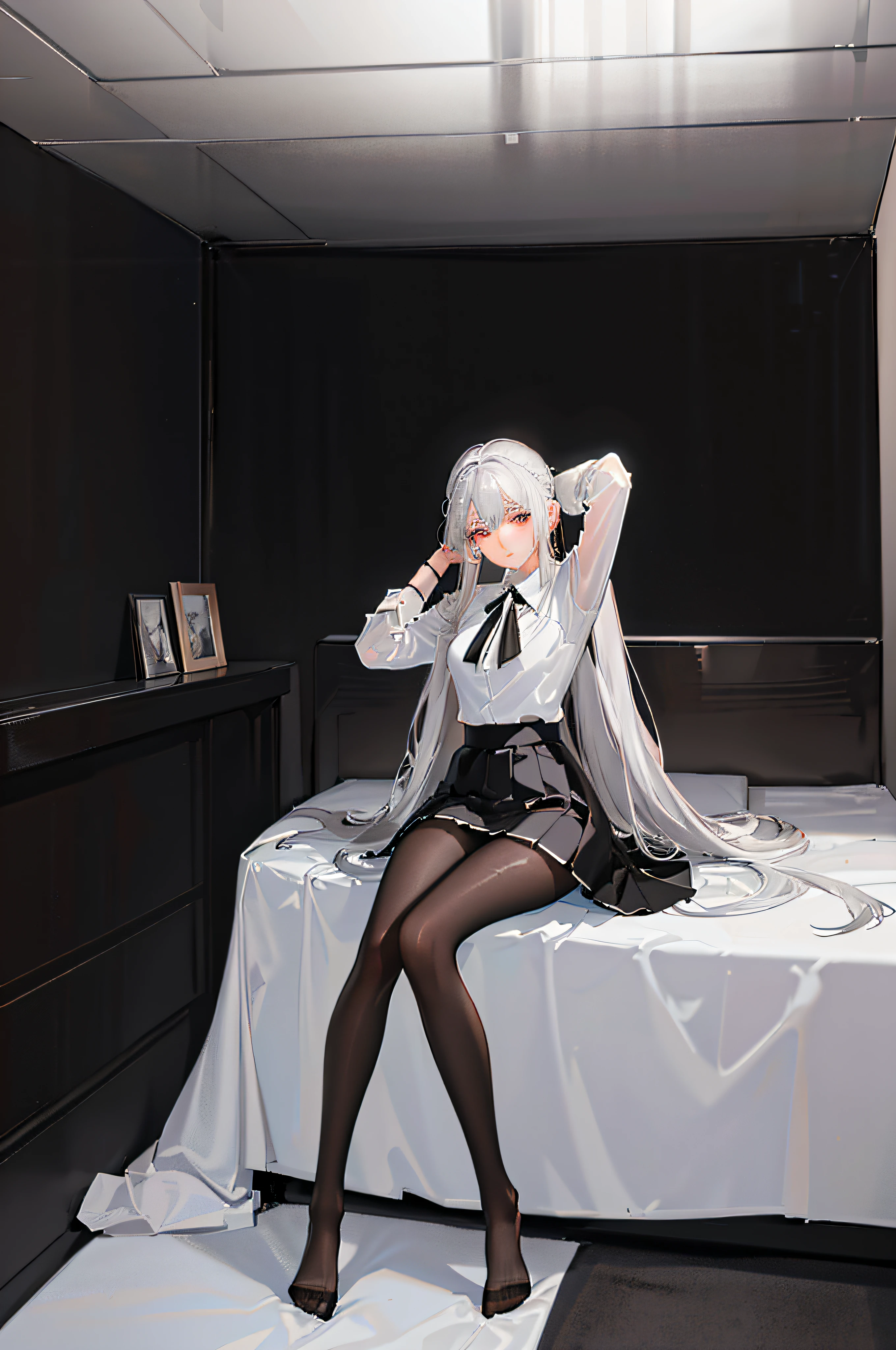 (((1 girl)),ray tracing,(dim lighting),[detailed background (bedroom)),((silver hair)),((silver hair)),(Fluffy silver hair, plump and slender girl))) with high ponytail))) Avoid golden eyes in the ominous bedroom ((((Girl wears a white shirt, black wrinkled skirt with black transparent pantyhose), showing a delicate slim figure and graceful curves, correct limbs, sitting on the bed with hands behind her head, Put both hands behind your head, lower body, no shoes