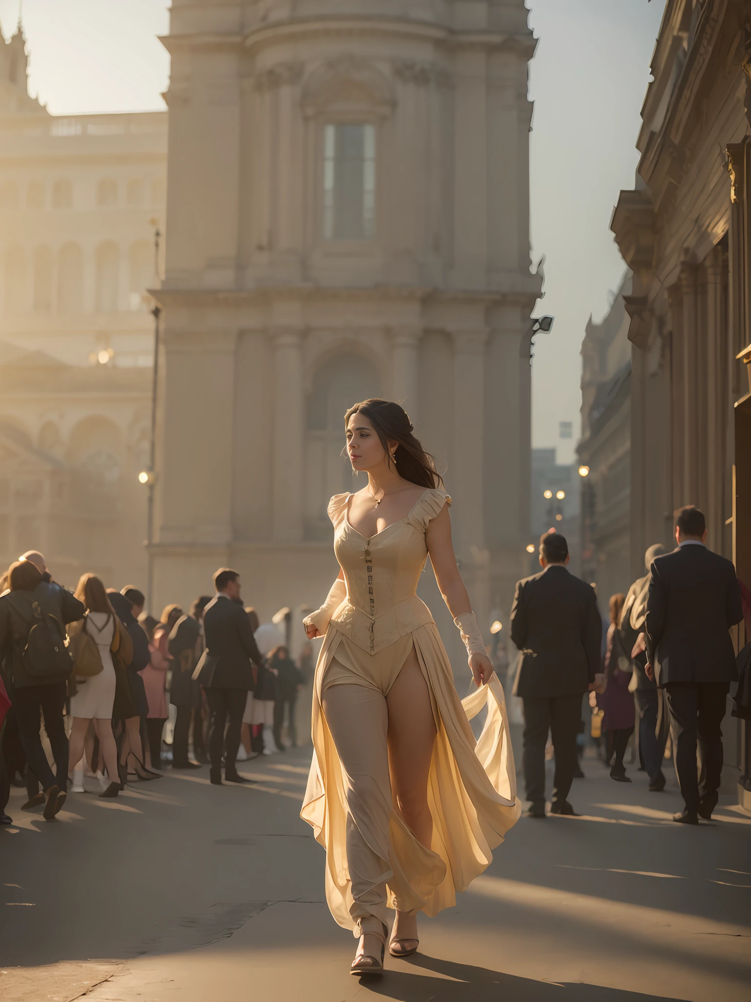 "(((masterpiece))), the best quality, elegant Victorian costumes, Lauren Jauregui happy strolling through a lively city, wide plane, exciting background with landscapes, golden light and soft shadows."