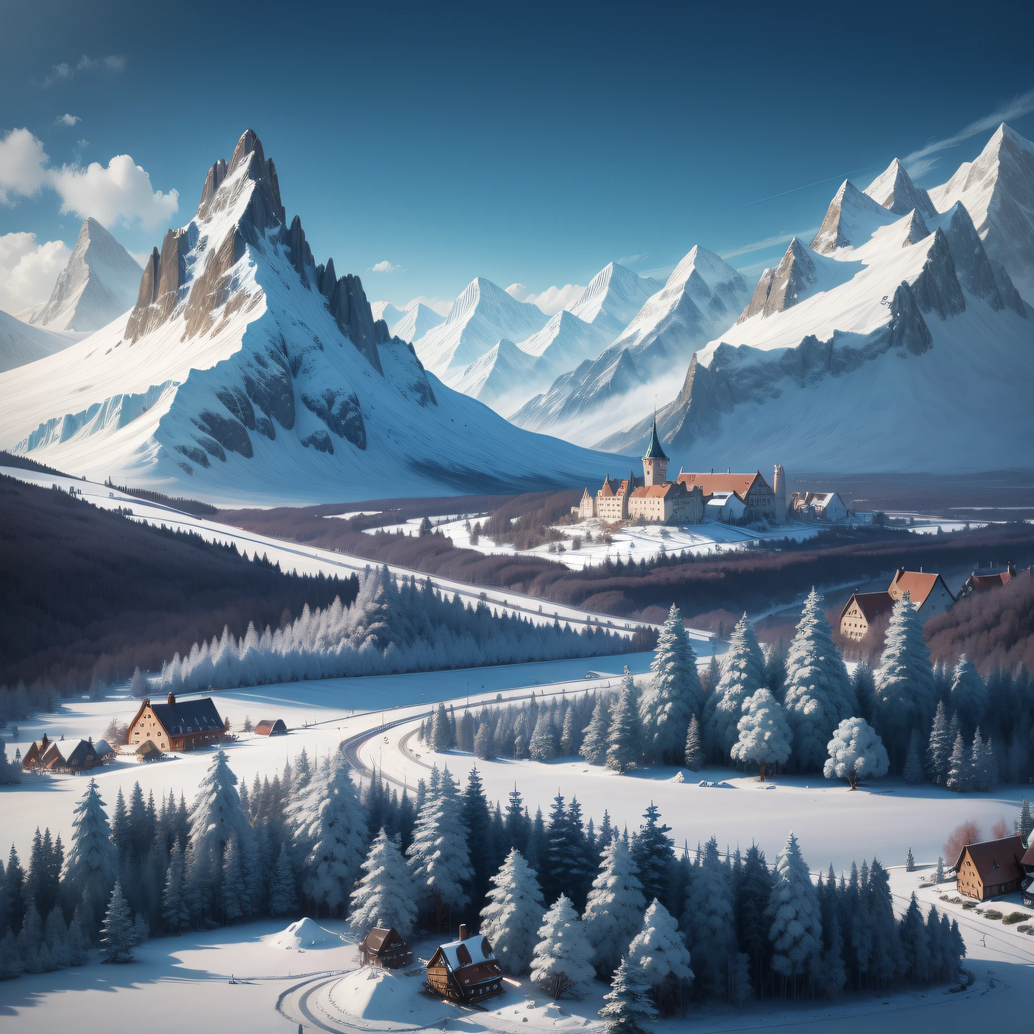 Icy mountains with several small villages and a castle