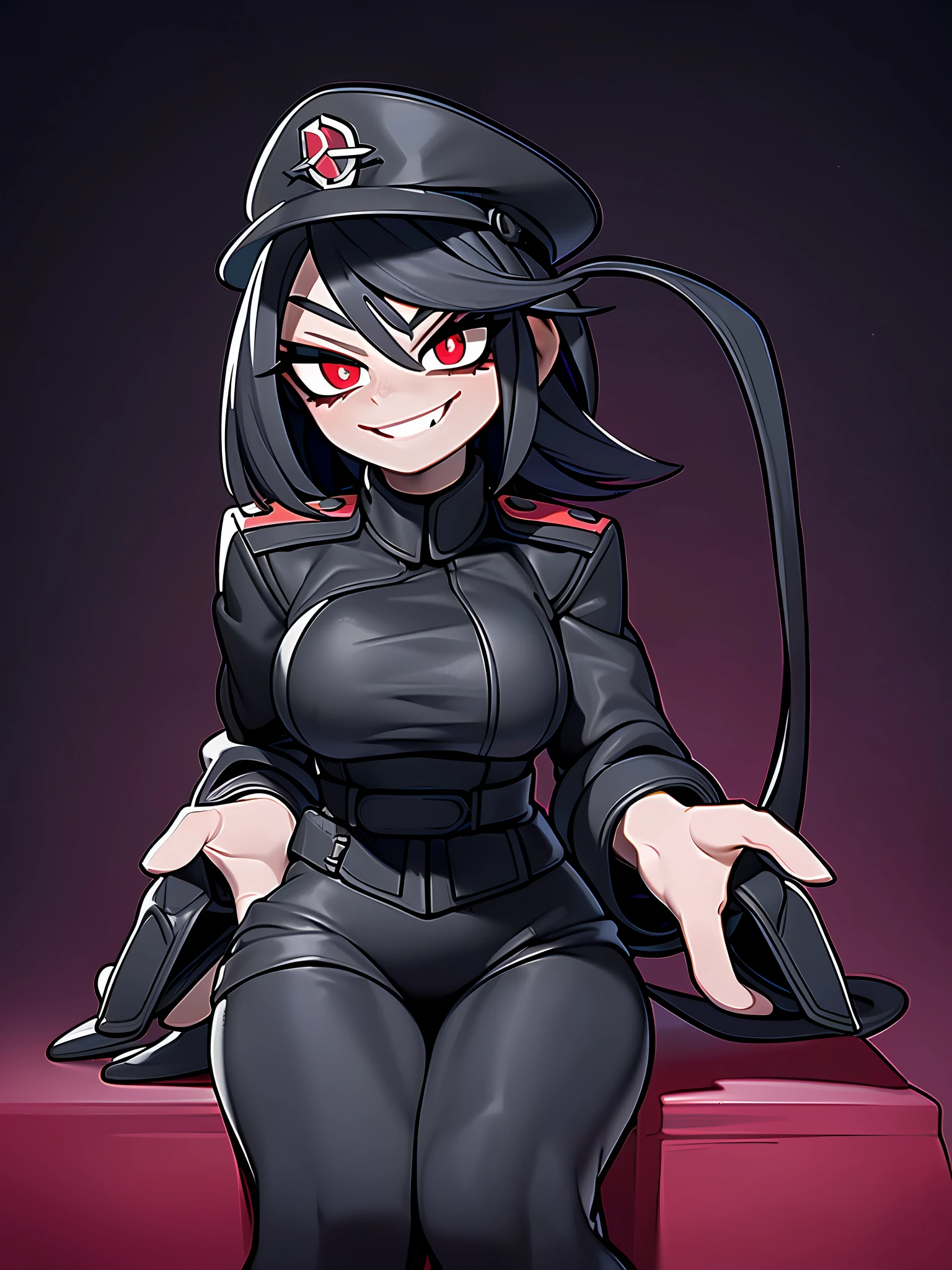 ((Masterpiece, top quality, super definition, ultra definition)), Solo, Full body, (((27-year-old goth woman in German official black leather uniform)))), ((wearing a black army leather hat)), ((Clear expression of body unevenness)), looking at the camera, (sitting with her back to the wall and bent knees), female body, nipple shape stands out, (((absurdly large breasts)), red eyes, ((black hair bob)), front zoom, horizontal seat, yandere, (strong makeup), constricted pupils, black pupils, blank star, (SFW), dark, detailed hands, (tall woman), ((sadistic smile)), sharp focus, dynamic angle, deep shadows, simple background
