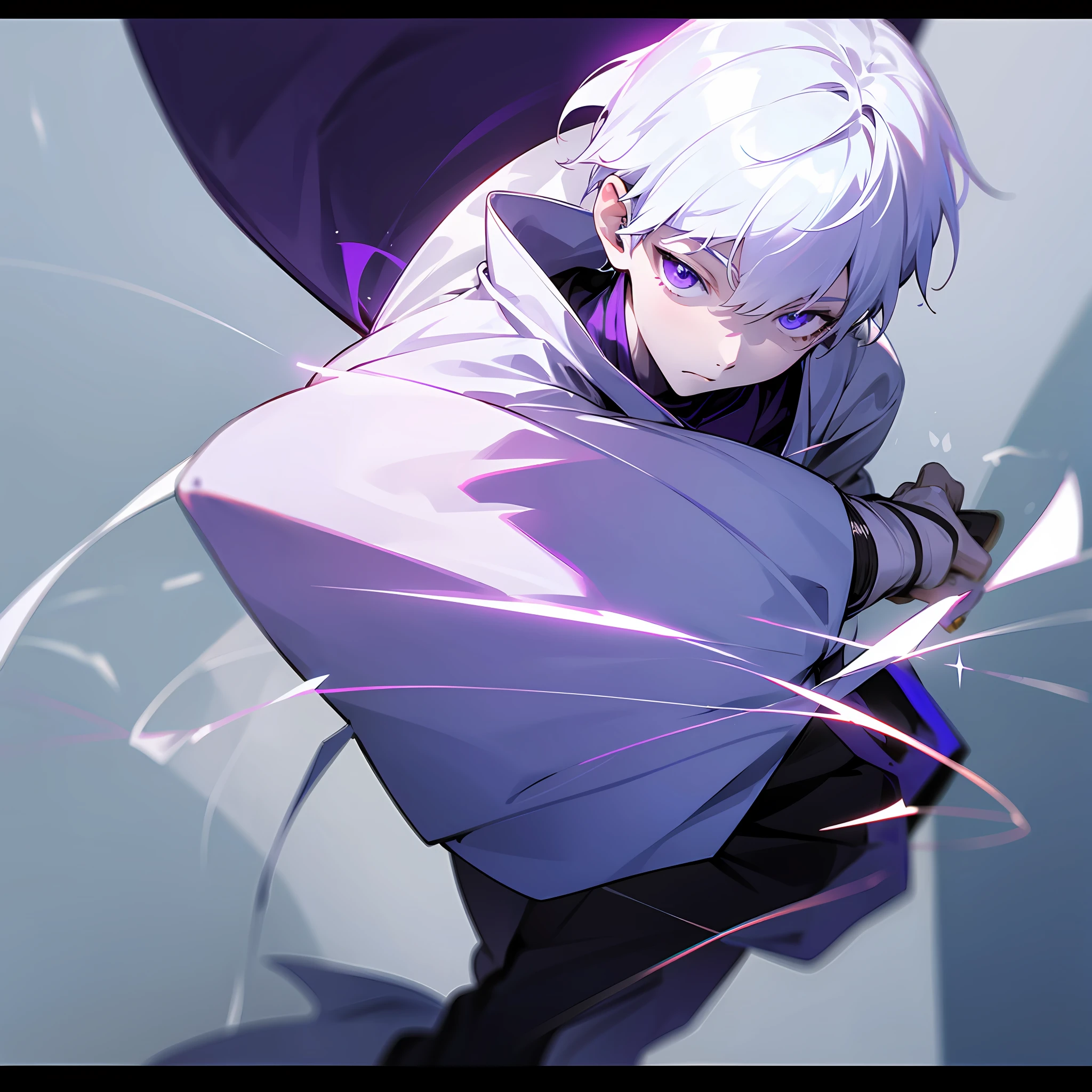 white skin, ultra beautiful face, following a katana, sword, ambient light, pessonage, full body, anime, boy with short hair, silver white, purple eyes, beautiful eyes, shy, Maximum quality.