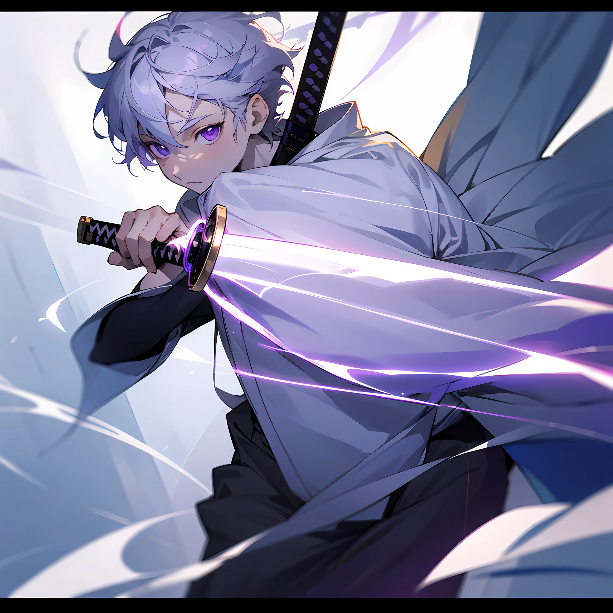 white skin, ultra beautiful face, following a katana, sword, ambient light, pessonage, full body, anime, boy with short hair, silver white, purple eyes, beautiful eyes, shy, Maximum quality.