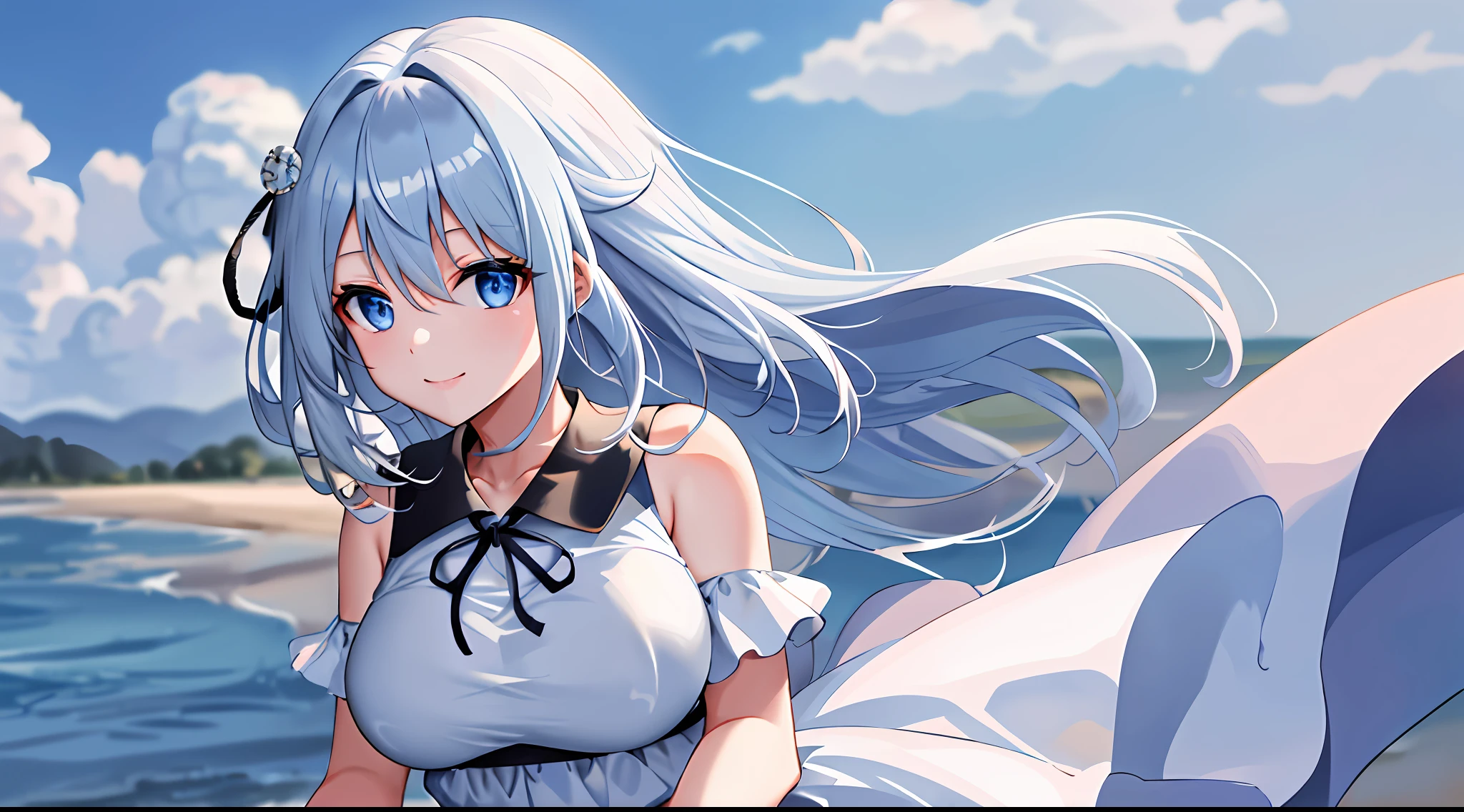 Masterpiece, best quality, high resolution, kei1,1 girl, solo, blue eyes, long hair, white dress, short sleeves, ribbon, bangs, collarbone, blue hair, white skirt, black bow, neck strap, hair between the eyes, big breasts, collar in a line, bare shoulders, seaside, smile,