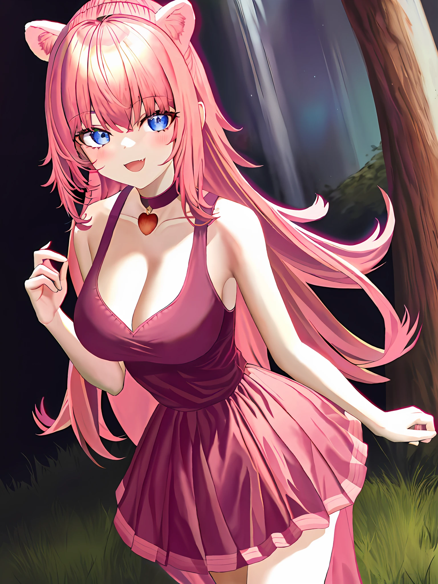(leaning over:1.4), (masterpiece:1.2, best quality), (real picture, intricate details), 1girl, solo, absurdres, cowboy shot, standing, outdoors, :3, smile, bear girl, bear ears, ((light pink dress)), white thighhighs, platinum blonde hair, gray blue eyes, long hair, strawberry choker, smile, open mouth, one fang, large breasts, cleavage, sleeveless dress, arms behind back,