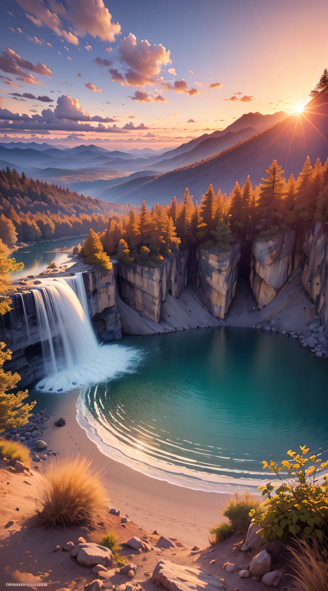 Landscape waterfall in mountains sunset image best quality, high quality, beautiful wallpaper deserted beach 8k extremely detailed, photography --auto --s2
