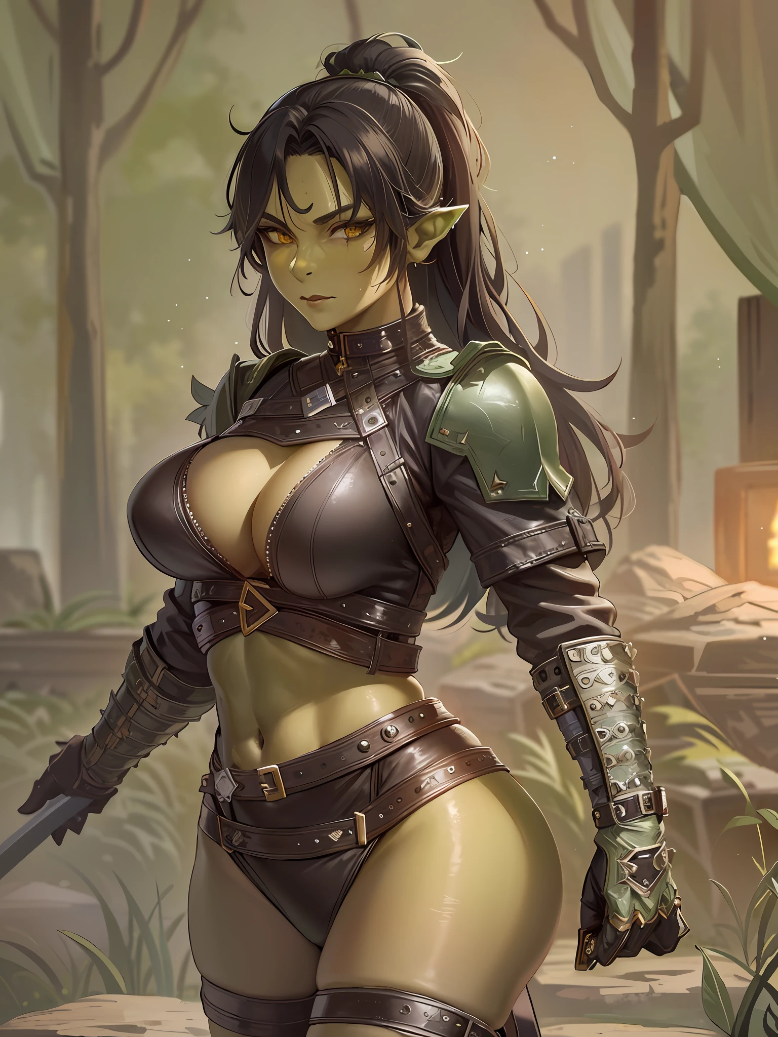 (A closeup of a woman in a leather outfit with a sword), (((green female orc)))), (((female green orc)))), thematic orc, (warrior orc), (a very beautiful berserker woman), (female druid forest orc), ((alone))