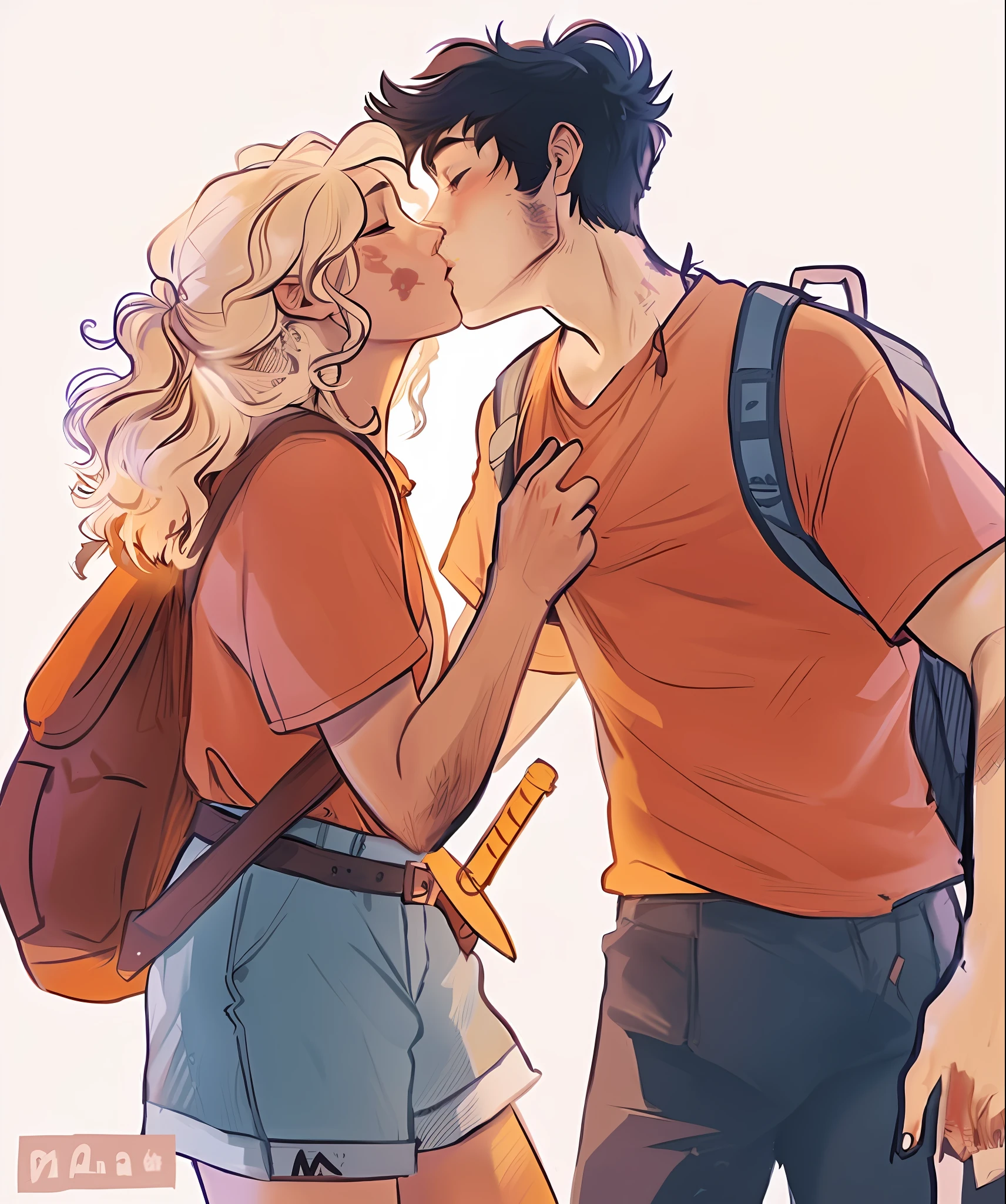 a couple of people kissing each other while holding backpacks, annabeth chase, percy jackson, kissing together cutely, by Hermione Hammond, by Maggie Hamilton, by Andrée Ruellan, high quality fanart, highly detailed exquisite fanart, kissing together, by Adam Dario Keel, by Helen Dahm, by Edna Mann, phil noto and rebecca guay, by Brian Thomas