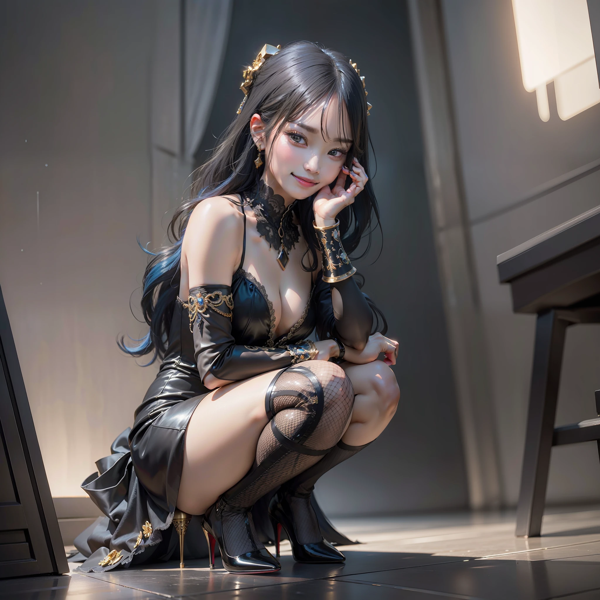 realism, masterpiece, insane detail, highly detailed, a crouching girl, wearing a shiny black dress, high heels, long blue hair, tan skin, makeup, wearing jewelry, smiling with her eyes closed, with her chin resting on her hand, broken hands, detailed face, insane detail, proportional detail, golden ratio, against a backdrop of bright lights reflecting off your skin, reflections, cinematic light, filmmaking, professional studio shot, UHD, high res, 12k, by Greg Rutkowski