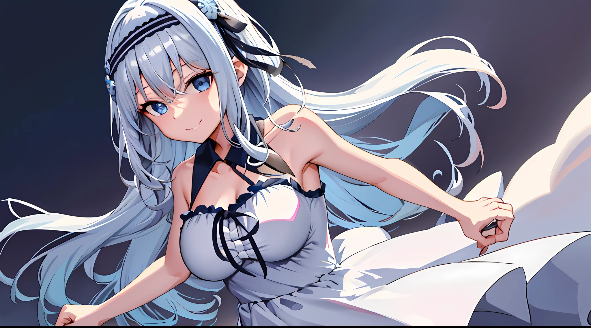 Masterpiece, best quality, high resolution, kei1,1 girl, solo, blue eyes, long hair, white dress, short sleeves, ribbon, bangs, collarbone, blue hair, white skirt, black bow, neck strap, hair between the eyes, big breasts, collar in a line, bare shoulders, seaside, smile,