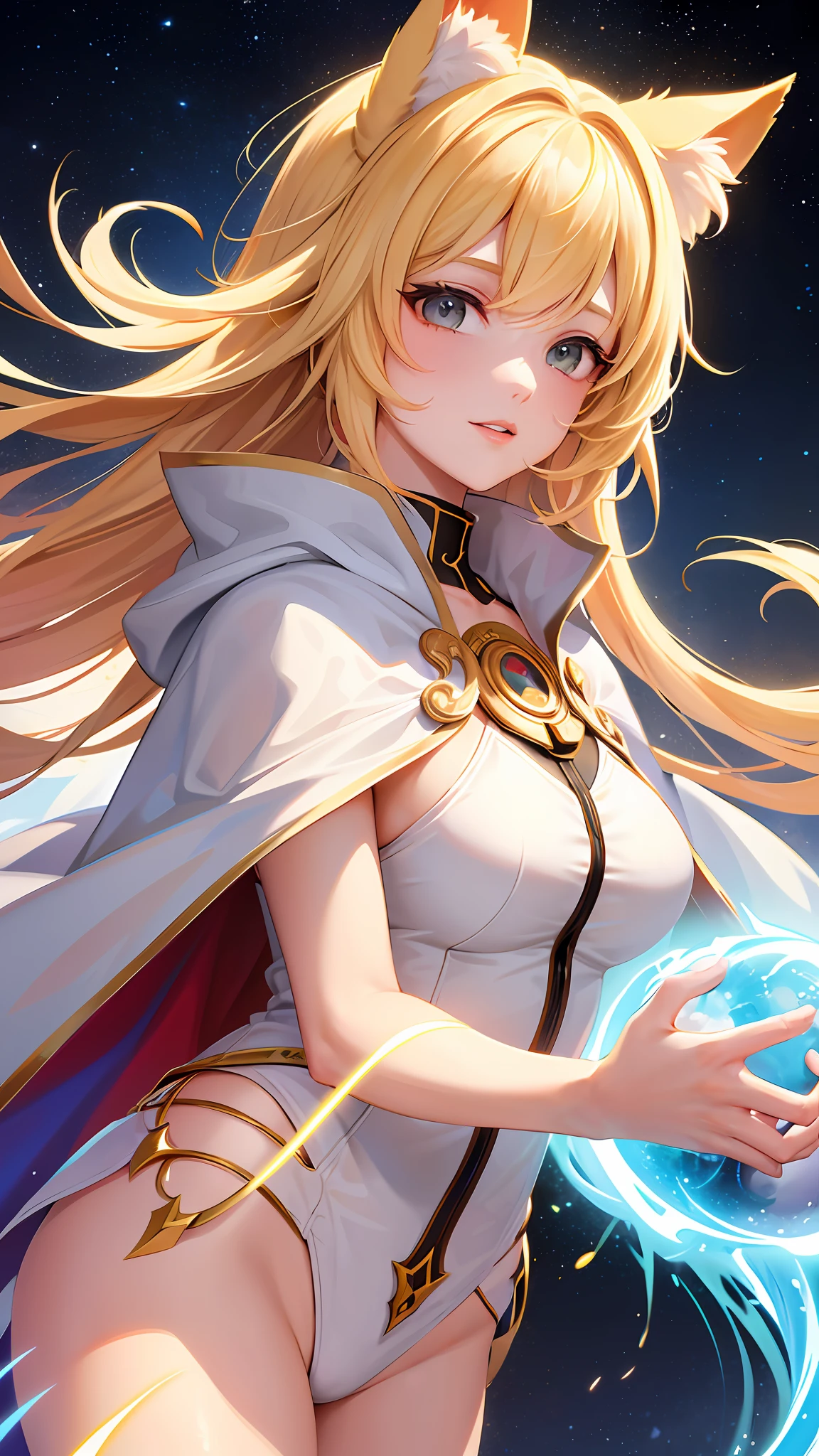 (Masterpiece, Top Quality, Best Quality, Official Art, Beauty and Aesthetics: 1.2), (1 Girl), Extreme Detail, (Fractal Art: 1.3), Colorful, Supreme Detail, Perfect Face, Upper Body, HDR, (Prayer: 1.3), (White Cloak Golden Lines: 1.2), Galaxy, (Light Stripes), Striking Visual Effects, (Dynamic Stripes, Glow Trajectory: 1.2), Bright Colors, Cat Ears, Big Breasts