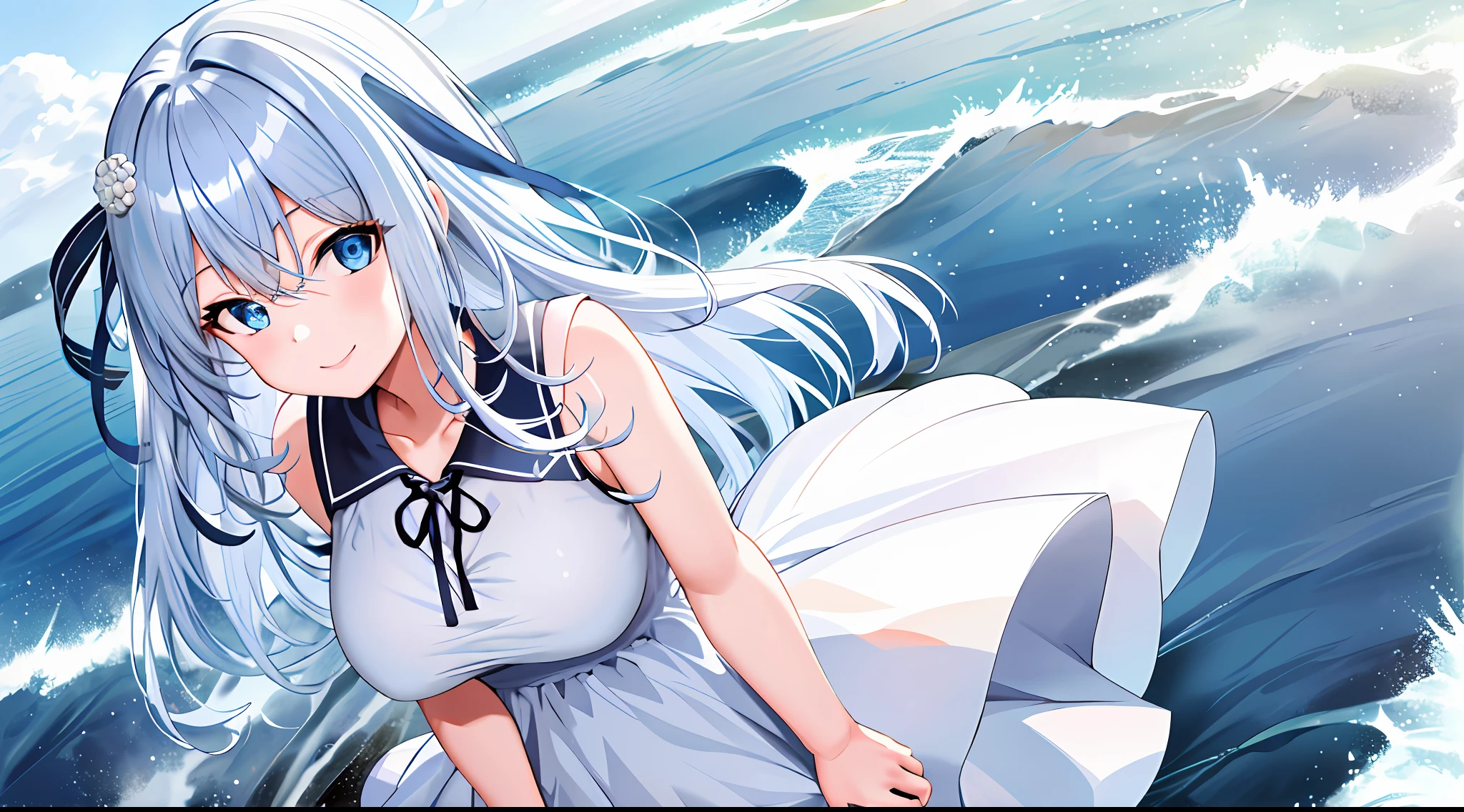 Masterpiece, best quality, high resolution, kei1,1 girl, solo, blue eyes, long hair, white dress, short sleeves, ribbon, bangs, collarbone, blue hair, white skirt, black bow, neck strap, hair between the eyes, big breasts, collar in a line, bare shoulders, seaside, smile,