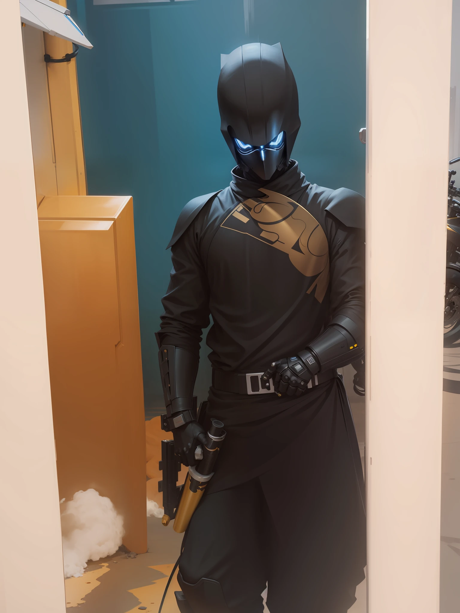 Robotic black ninja,com
m cover and lightsaber next to a golden motorcycle