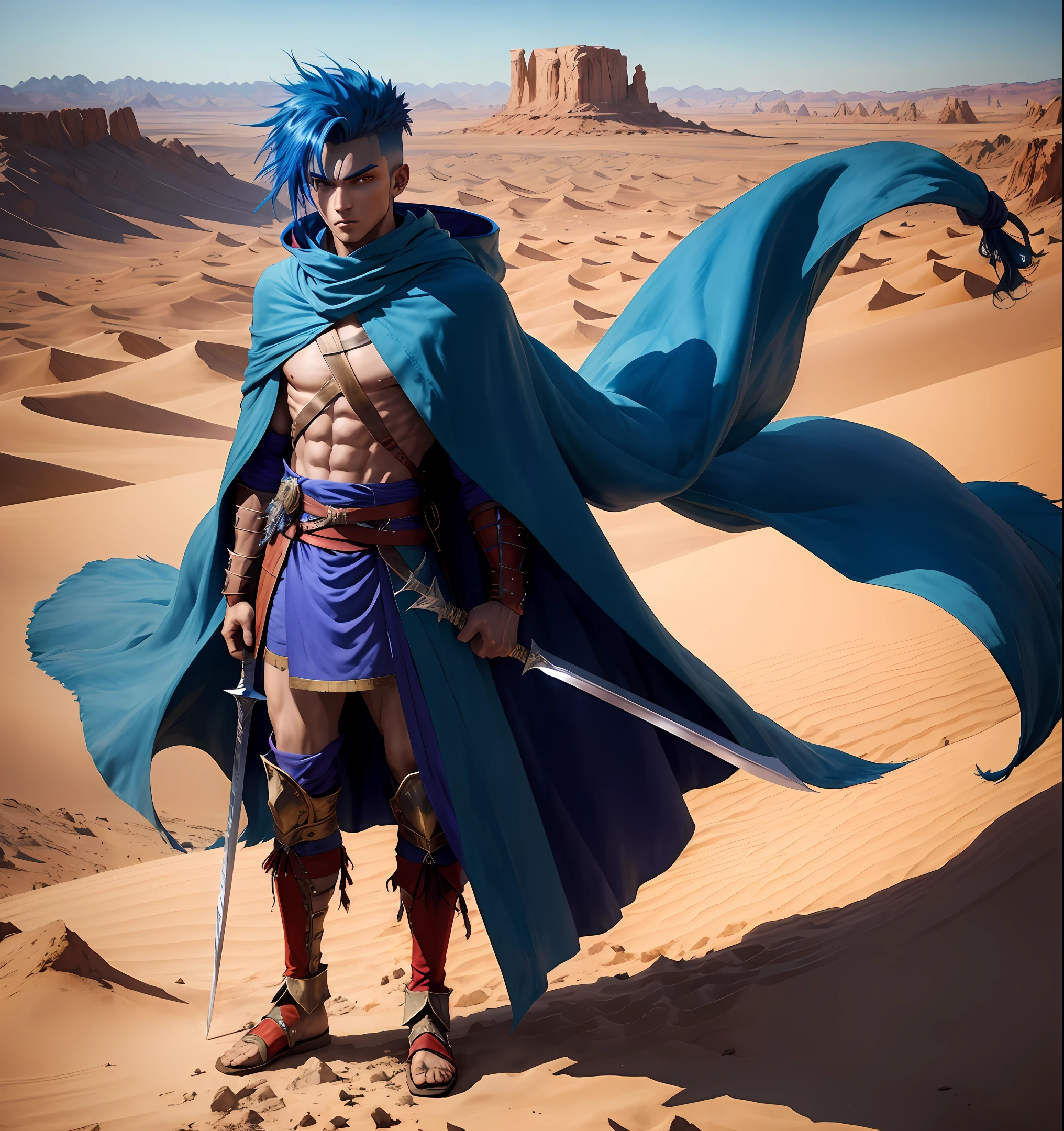 The character is a young warrior with spiky blue hair. His eyes are intense red. He wears a gleaming silver and black hued armor, with an emblematic emblem on his chest. He wields a long, sharp sword with a bluish blade. An aura of bright blue energy surrounds him, with electric sparks. He's in a dynamic pose, with legs apart, visible muscles, and a flowing blue robe. In the background, a futuristic setting with bright skyscrapers and a purple and dark blue sky.