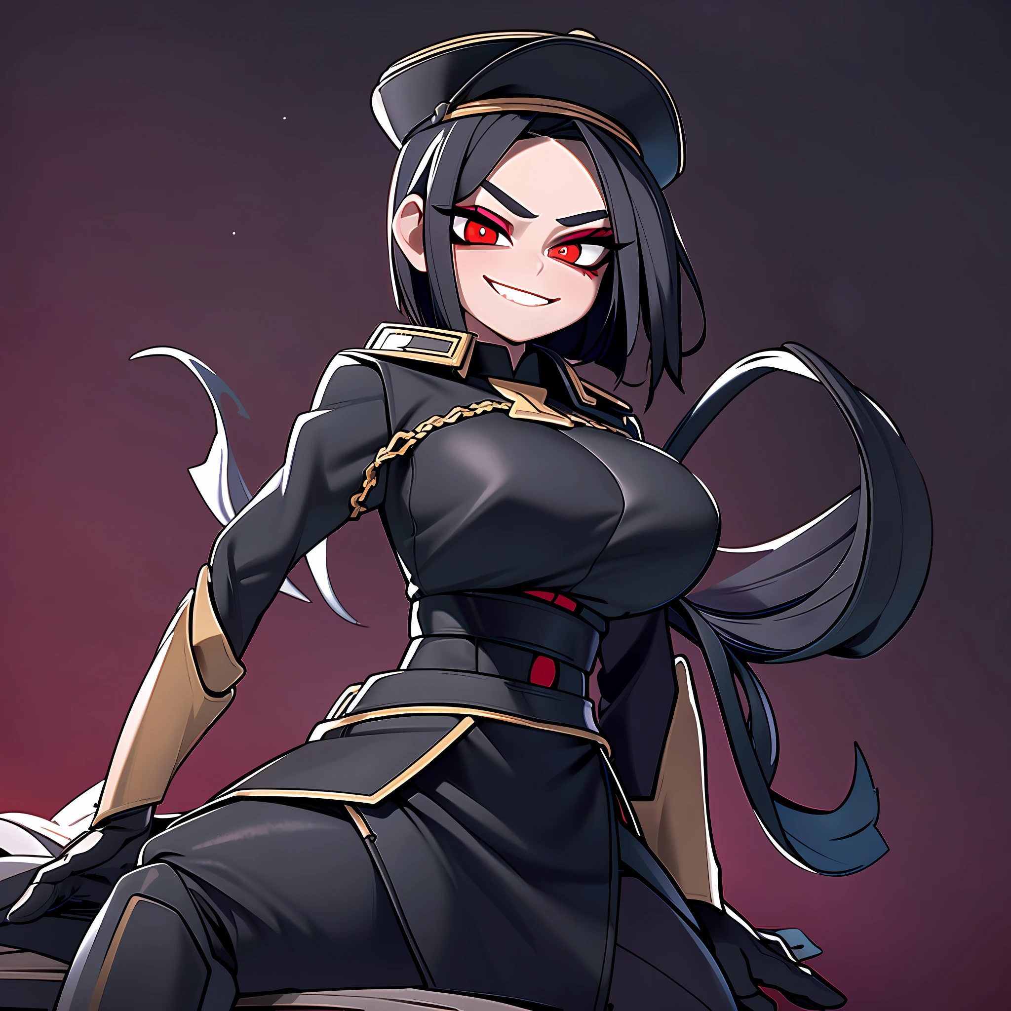 ((Masterpiece, top quality, super definition, ultra definition)), Solo, Full body, (((27-year-old goth woman in official German black leather uniform)))), ((wearing a black army leather hat)), ((Clear expression of body unevenness)), looking at the camera, (sitting with her back to the wall and bent knees), female body, (nipple shape stands out), ((absurdly large breasts)), red eyes, ((black hair bob)), front zoom, horizontal seat, yandere, (strong makeup), constricted pupils, black pupils, dark, (detailed hands), ((tall woman)), ((sadistic smile)), sharp focus, dynamic angle, deep shadows, simple background