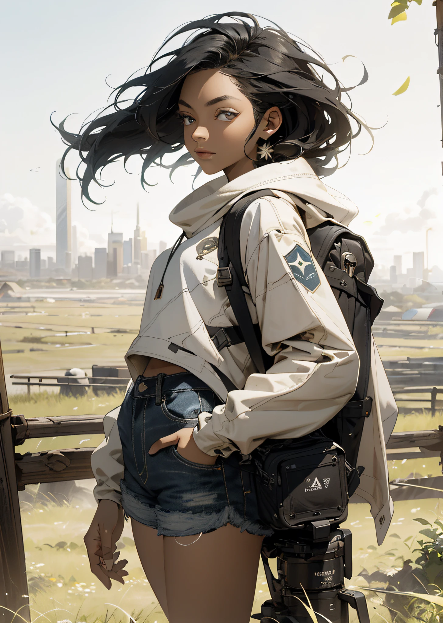 (Vast sky, beautiful skyline, large grassland: 1.2+ intense and dramatic graphics, moving visuals: 1.3+ hanging North Star, colorful natural light: 1.3), (long-sleeved top, (1girl), denim shorts, backpack: 0.8), (back, dynamic), (detailed character modeling: 1.2, natural skin tone, delicate texture), (beautiful girl, dynamic posture, confident posture: 0.2+ long hair flowing (black hair: 0.9+ blonde hair: 1.2), with femininity and temperament: 1.3+ beautiful face, witty and cute expressions and eyes), (large grassland in the background) + (rendering of natural light, light and shadow: 1.3), (shooting angle, long lens, light illumination