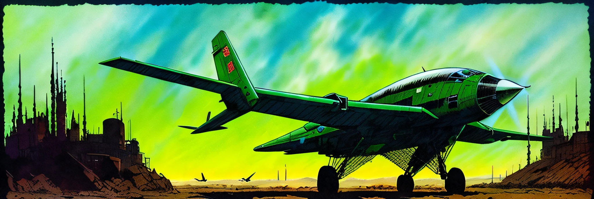 airplane, science fiction, complex scene futuristic, post-apocalyptic
dark, dim light, dark-scene, green-scale
( ink sketch by Enki Bilal)((masterpiece, best quality, )),