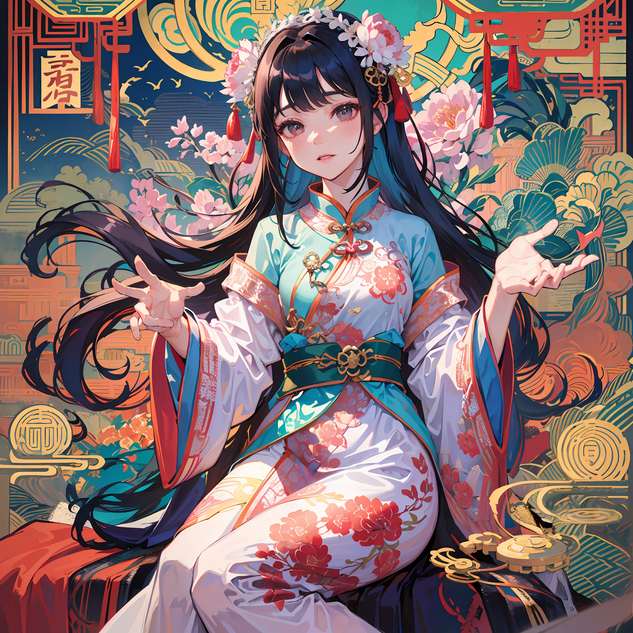 A beautiful Chinese girl, wearing peony hair accessories, wearing ancient Chinese clothing, beautiful details, rich light, beautiful female body, lancet eyebrow, meticulous eyes, flowing skirt, floating clouds, watercolor, ink painting, harmonious and unified tone, Xin Qi rendering, perfect art, fresh color background, ancient Chinese artist Qiu Ying style, soft shadow, Clean sharp focus, cinematography, center composition, poster design, cinematography, Panorama, 32K, -- v 6 --auto --s2
