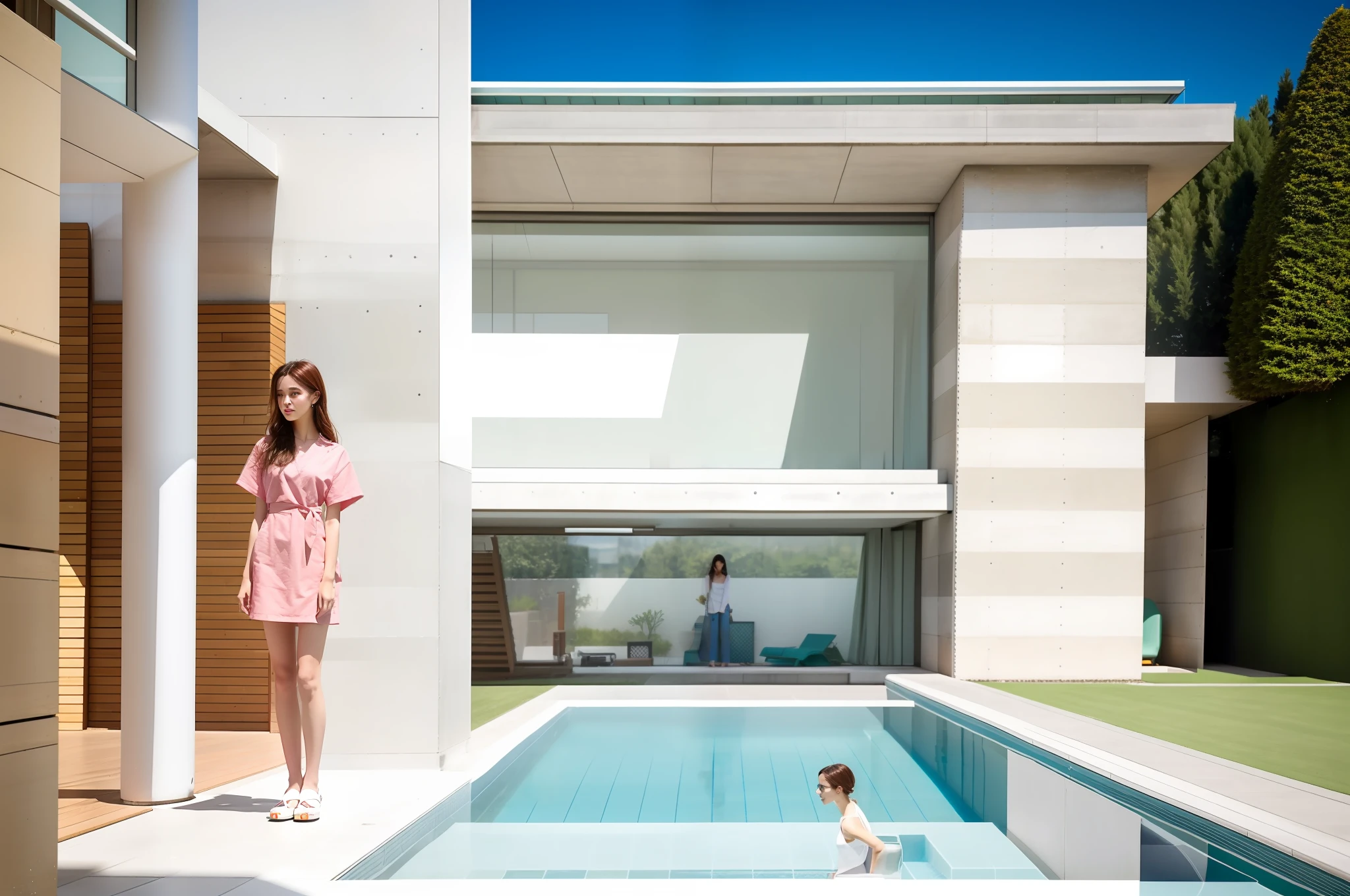 there is a woman standing on a platform next to a pool, inspired by Tadao Ando, by Etienne Delessert, inspired by Ricardo Bofill, open wall architecture, by Jakob Gauermann, next to a pool, by William Berra, by Matthias Weischer, shot on leica sl2, an artistic pose, arhitectural shot, concrete housing