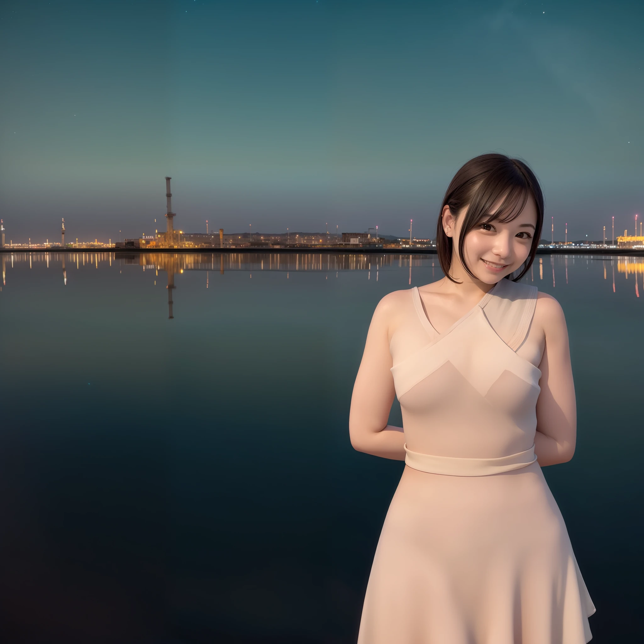 Beautiful woman smiling while looking at beautiful factory night view, whole body reflected, factory night view is reflected in the sea