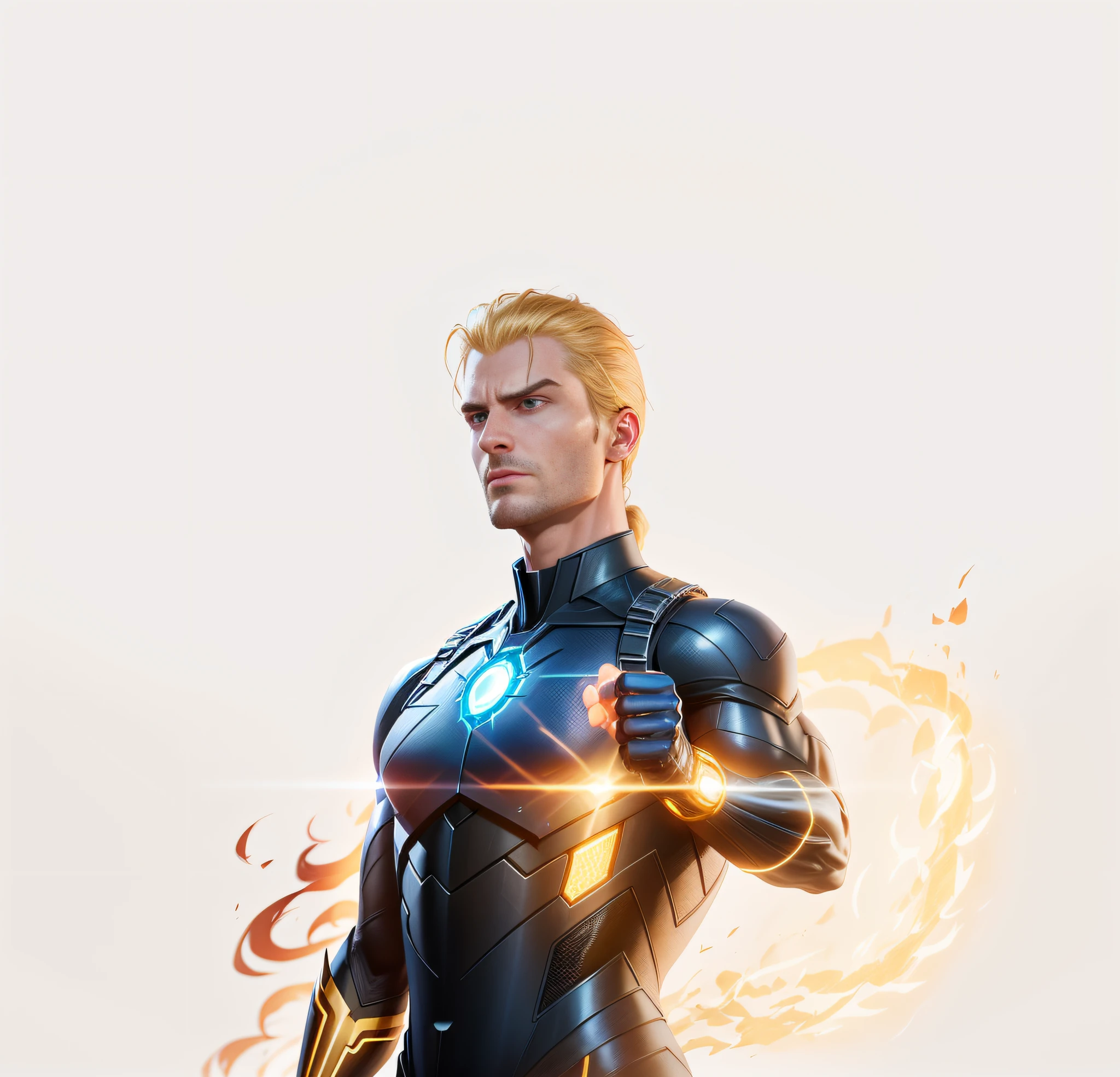 arafed man in a black suit with a yellow flame, human torch, long blonde hair in ponytail style, angry look like that of psychopath,no text, official character art, superhero portrait, 3 d render character art 8 k, inspired by Adrian Zingg, promotional render, reed richards, by Oliver Sin, unreal engine character art, Portrait of Adam Jensen, Marvel character, Divine render, Maxwell render, Key Art