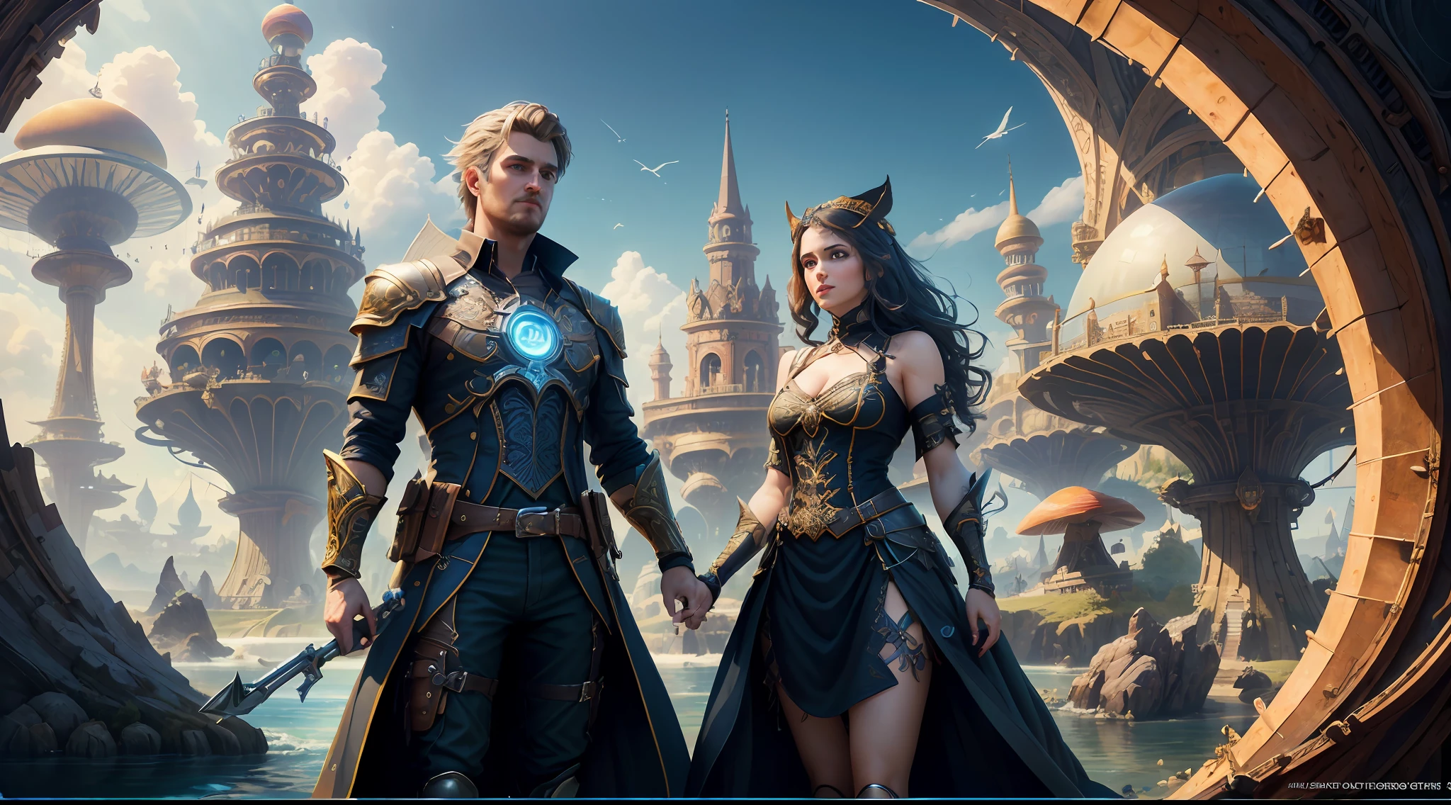 (((Multiplayer, Vivid Eyes, Man and Woman))), Best Quality, Realistic, Realistic, Award-Winning Illustrations, (Intricate Details: 1.2), (Fine Details), (Intricate Details), (Cinematic Light, Best Quality Backlight), Clear Lines, Sharp Focus, Official Art, Unity 8k Wallpapers, Ridiculous, Incredibly Absurd, Fantasy Art, (((Full Body Portrait))), RTX, ((Award-winning Triangle Studio Close-up Photo)), 1 couple, (shut up), best quality, 4K, beautiful mysterious creatures, female, flying, surrealism, masterpiece by ncwinters, in a mysterious country town, masterpiece, intricate details, ff14style, urban painting, bridge, river, giant mushroom, landscape, bright colors,