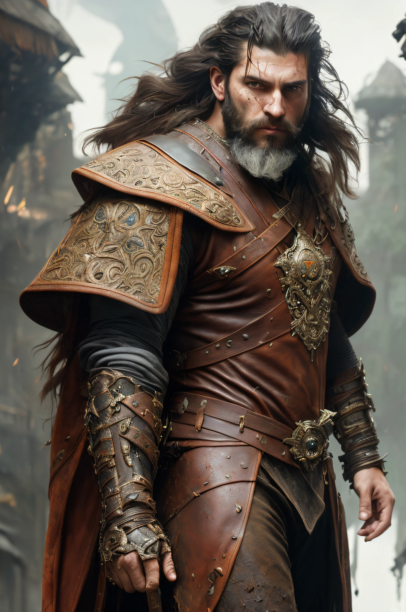 photo of the most beautiful artwork in the world featuring soft lustrous male hero, ((epic heroic fantasy muscular men rugged wet wounded hero angry looking with long hair and long beard and fierce looking in a dynamic posture dying on the floor, fantastic location, majestic cluttered environment)), full body 8k unity render, action shot, skin pores, very dark lighting, heavy shadows, detailed, detailed face, (vibrant, photo realistic, realistic, dramatic, dark, sharp focus, 8k), (weathered damaged old worn leather outfit:1.4), (intricate:1.4), decadent, (highly detailed:1.4), digital painting, octane render, artstation, concept art, smooth, sharp focus, illustration, art by artgerm, (loish:0.23), wlop ilya kuvshinov, and greg rutkowski and alphonse mucha gracias, (global illumination, studio light, volumetric light), heavy rain, particles floating