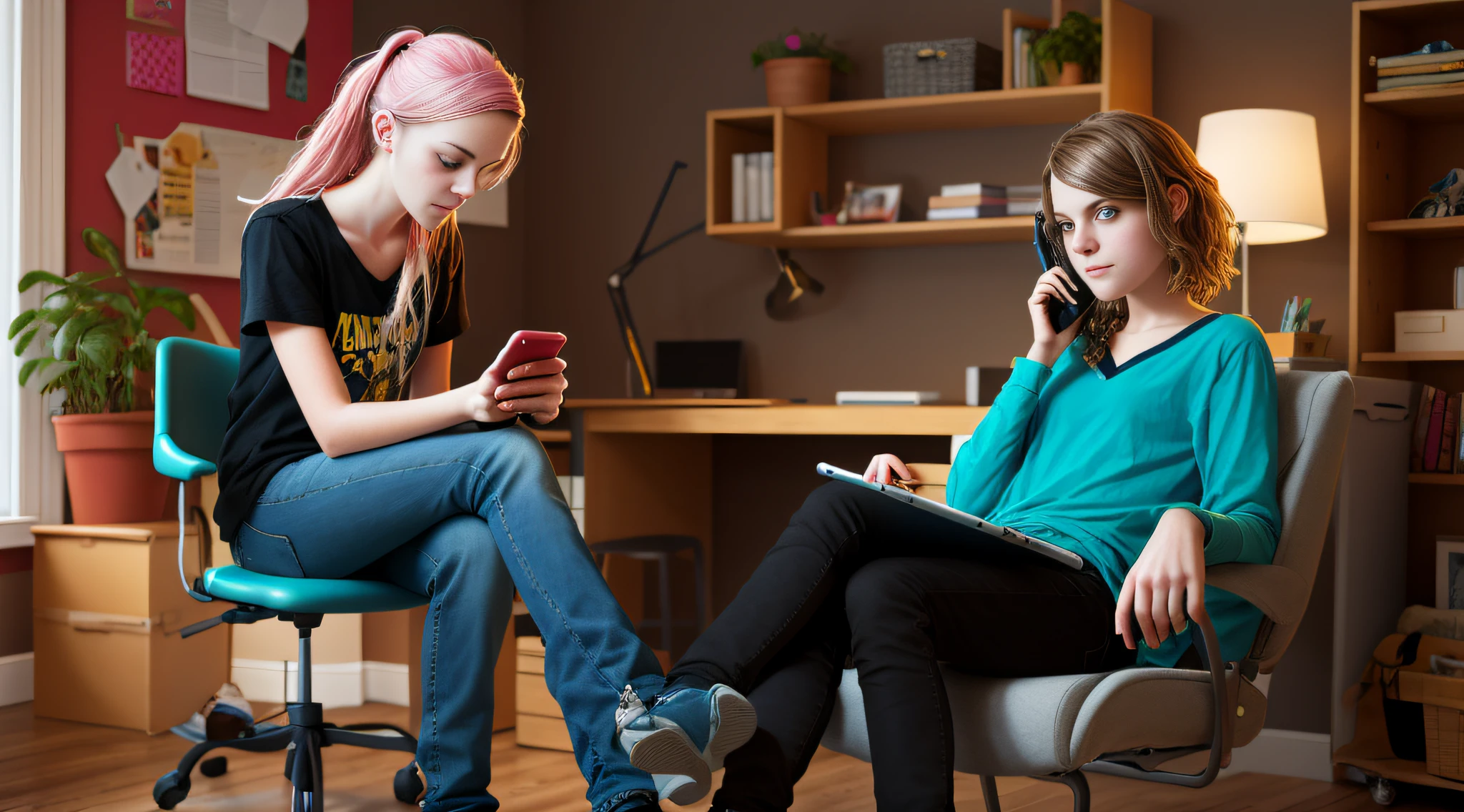 Create a teenage female character in a chair fiddling with her cell phone
