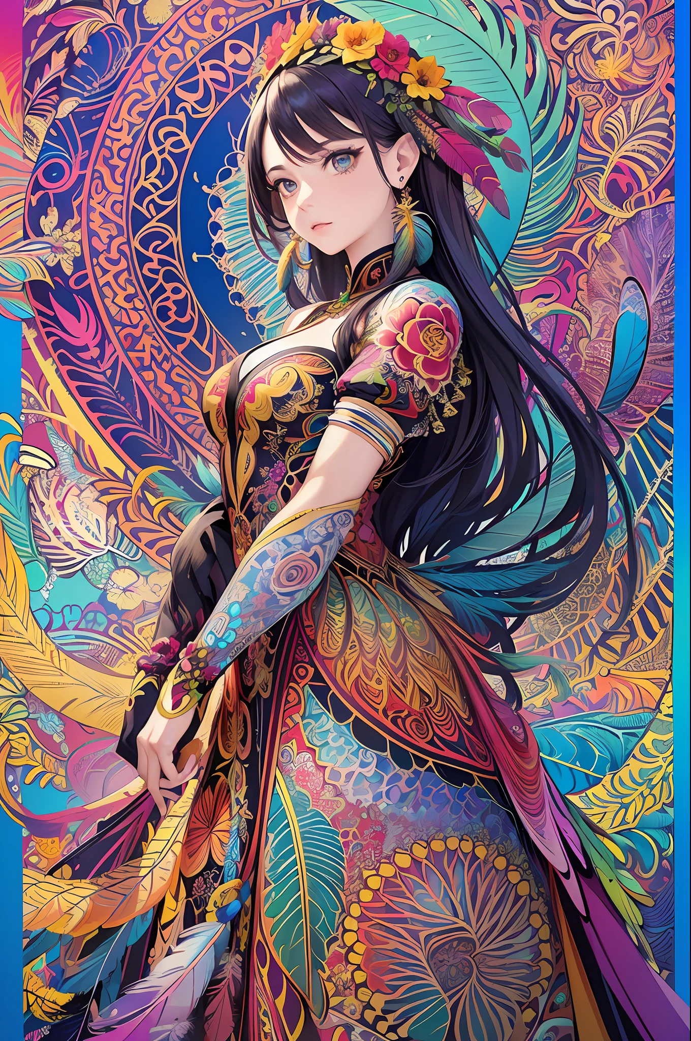 (masterpiece, top quality, best quality, official art, beautiful and aesthetic:1.2), (1girl:1.3), extremely detailed,(fractal art:1.1),(colorful:1.1)(flowers:1.3),highest detailed,(zentangle:1.2), (dynamic pose), (abstract background:1.3), (shiny skin), (many colors:1.4), ,(earrings), (feathers:1.5) , (Flamethrower:1.3),red background,Phoenix dress,