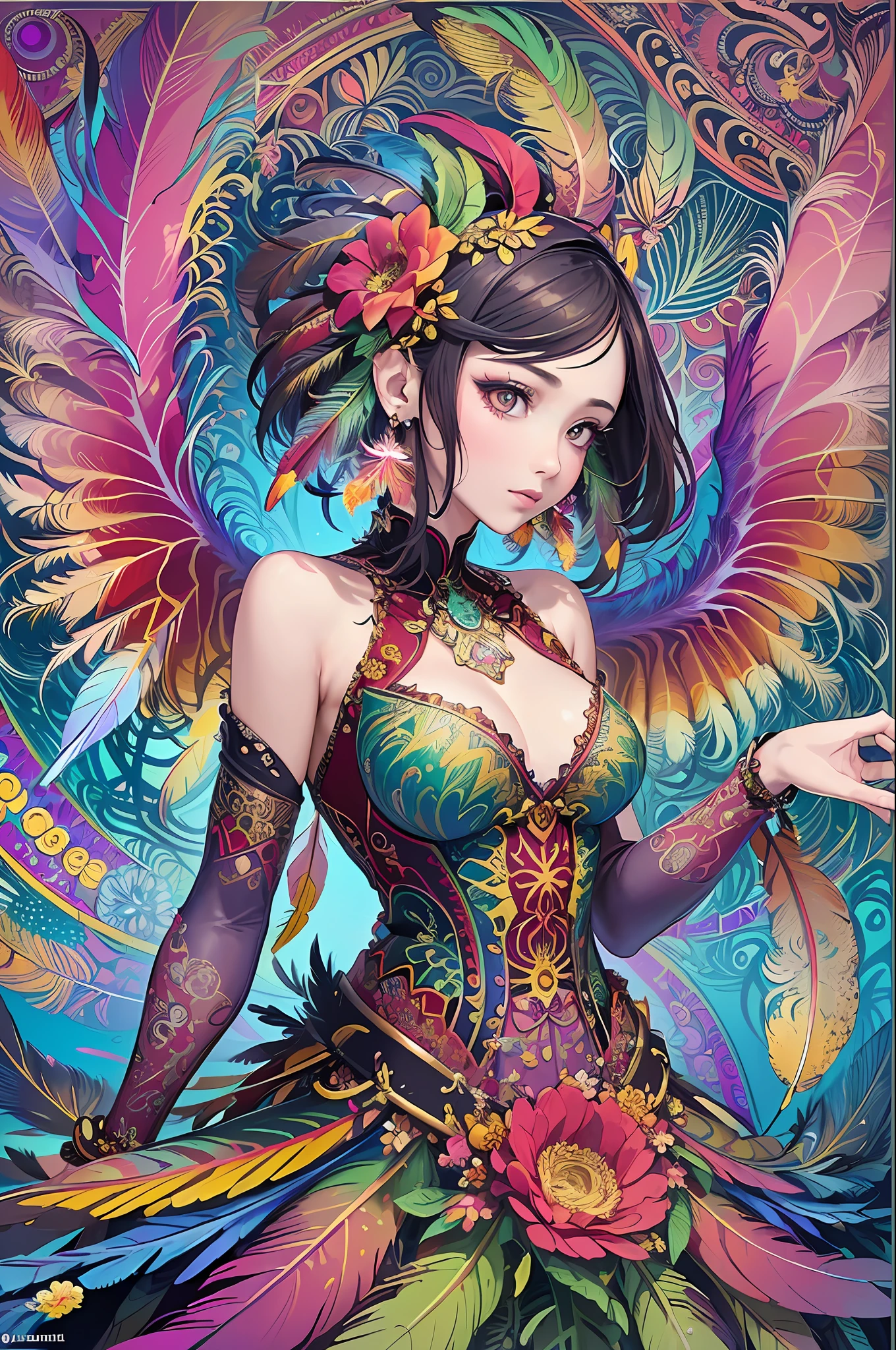 (masterpiece, top quality, best quality, official art, beautiful and aesthetic:1.2), (1girl:1.3), extremely detailed,(fractal art:1.1),(colorful:1.1)(flowers:1.3),highest detailed,(zentangle:1.2), (dynamic pose), (abstract background:1.3), (shiny skin), (many colors:1.4), ,(earrings), (feathers:1.5) , (Flamethrower:1.3),red background,Phoenix dress,