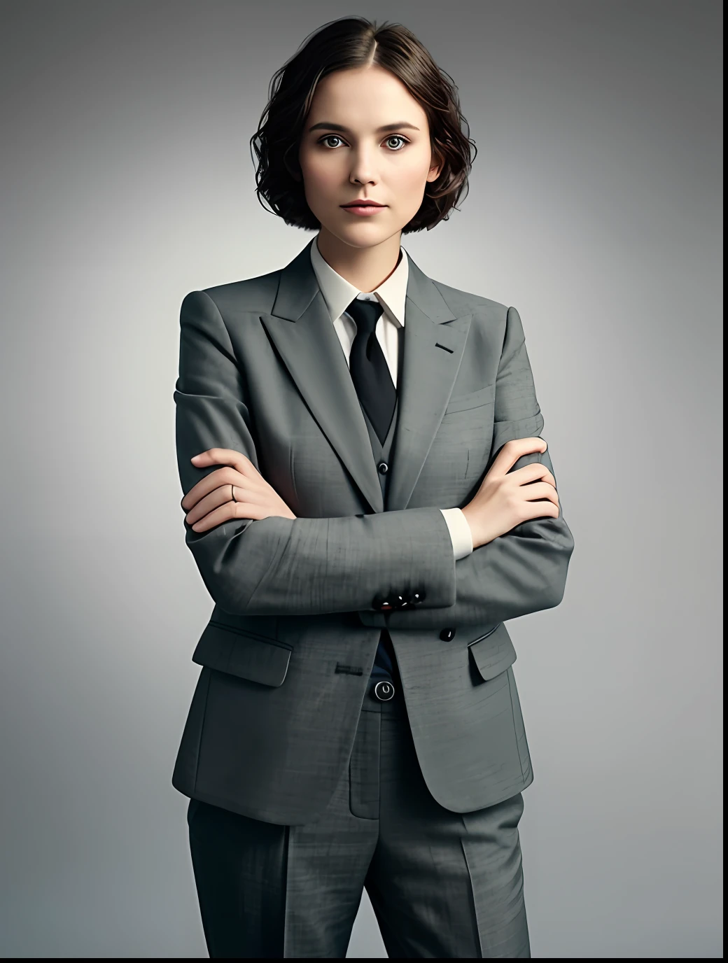 (create a ceo woman wearing suit with pants ), (Light brunette with the symmetrical face of model), wavy hair cut chanel , dark, stylish and elegant, slim , arms crossed (high quality and realistic image), cinematic style, ((Best quality, 8k, Masterpiece).