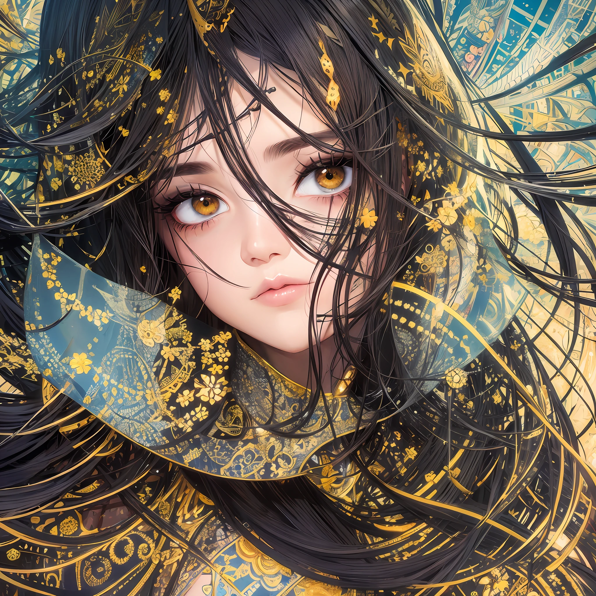 black hair, beautiful girl, Curly hair, Brunette, Face, Surrealism, 8k, angelic face, human face, extreme beauty, super detail --auto --s2