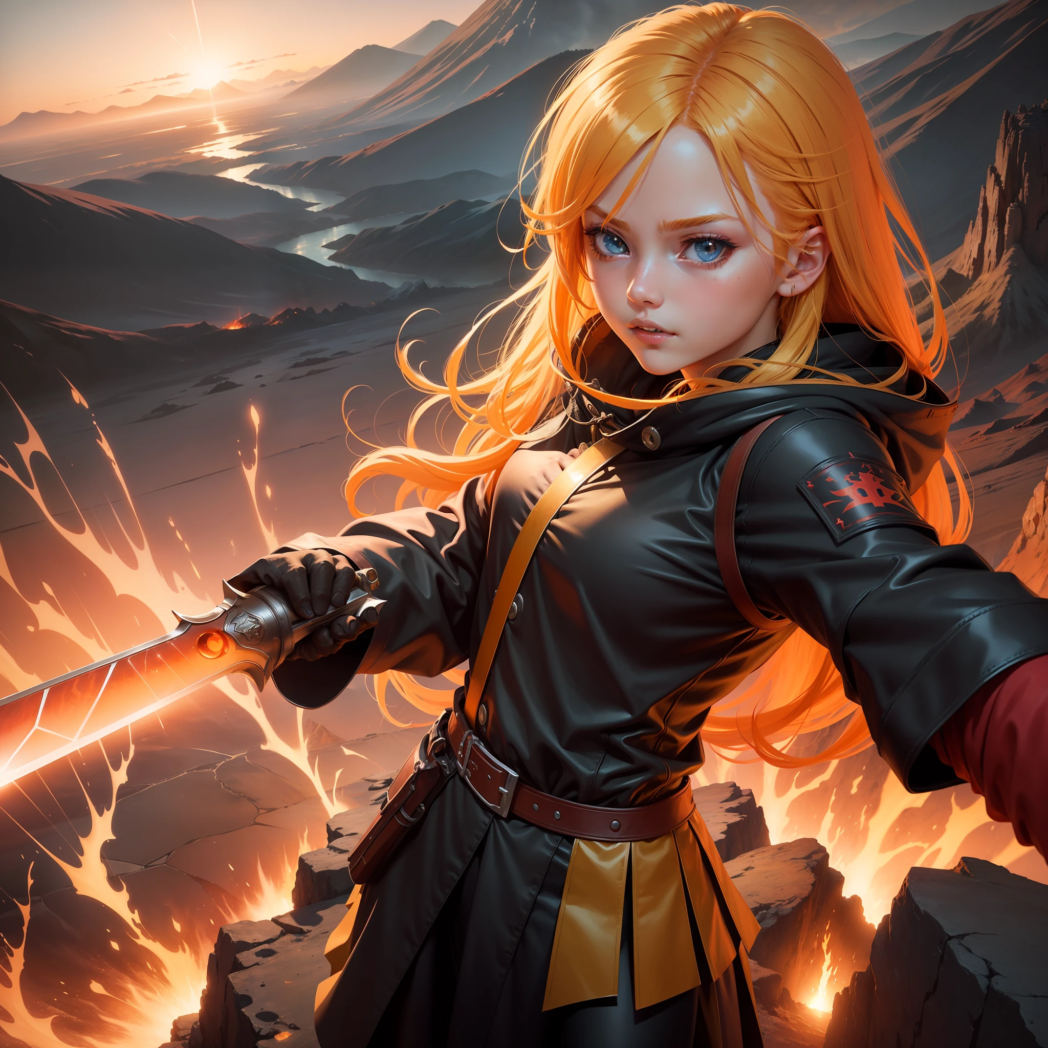 girl near a volcano in attack position to kill by pointing her red sword forward full details, hands holding her sword, clear night, anime style, detailed drawing, bright yellow hair, loose hair, bright orange eyes, beautiful face, detailed hair, detailed eyes, detailed face, sunset, bright lighting, top view perspective, full body, slim, multifocus perspective image