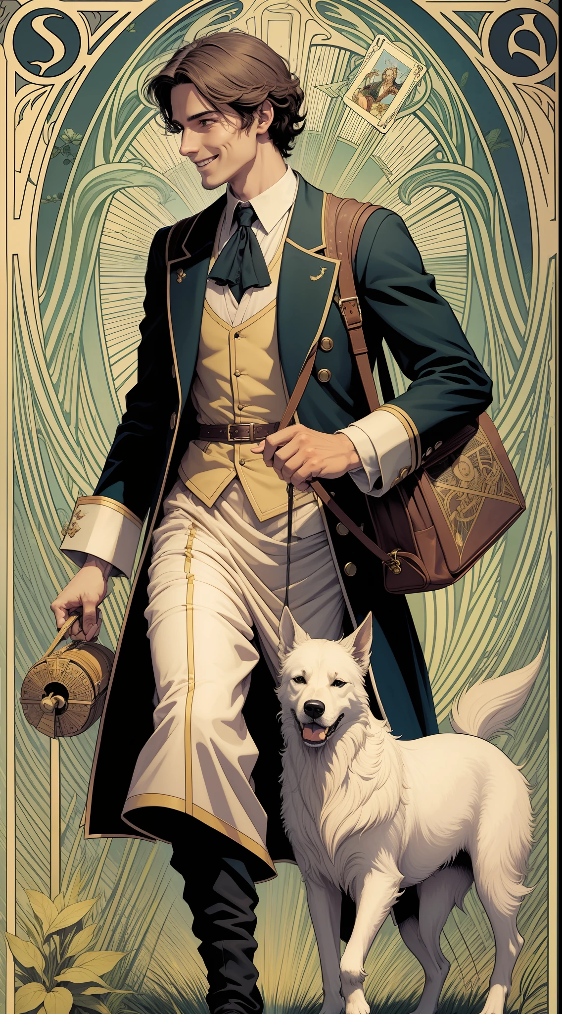 Tarot card, (the madman), simple clothes, walking on the cliff with 1 dog following him, smiling young man, carrying a bag, Rider-Waite tarot, Art Nouveau edges