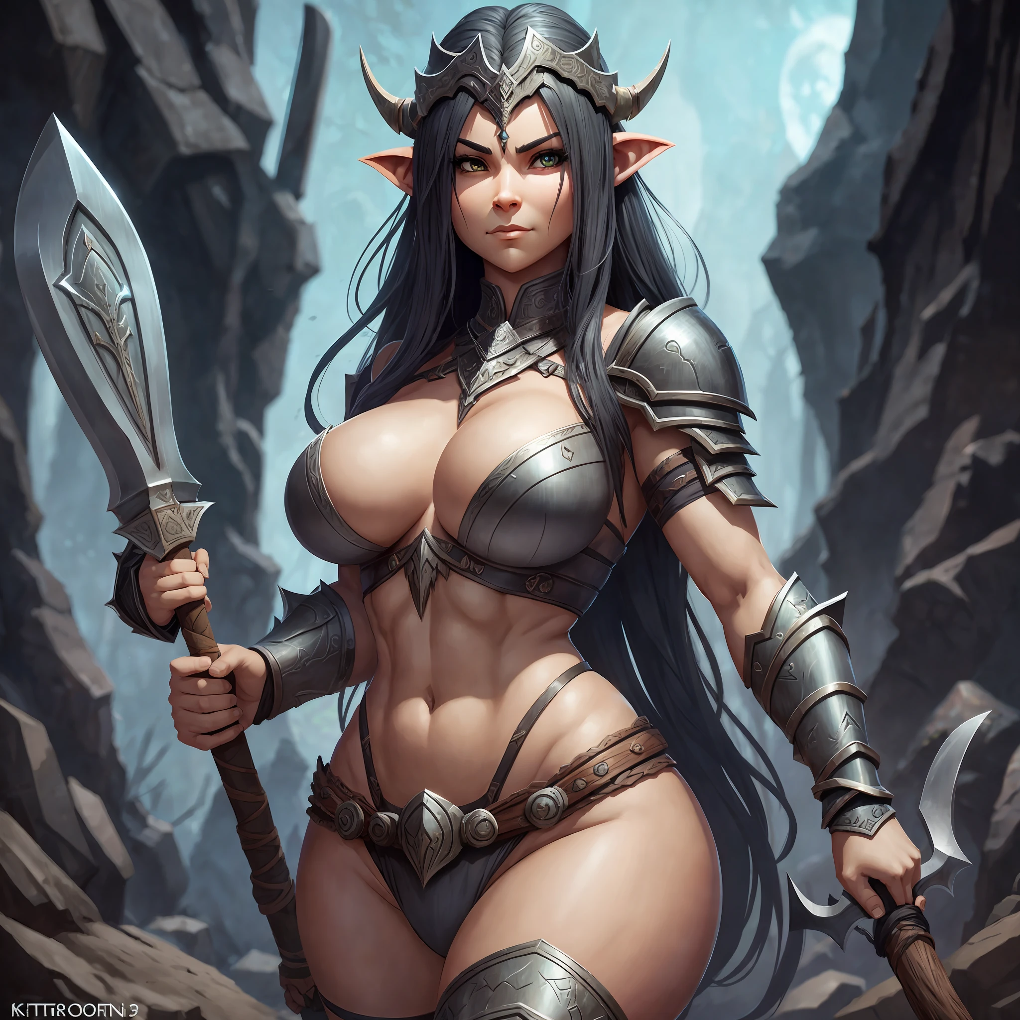 beautiful female orc, with big thighs, nice hips, nice waist, big breasts, flowing hair, holding an axe, wearing animal skin clothes, iron armor and adorned with animal bones, 8k ultra realistic --auto --s2