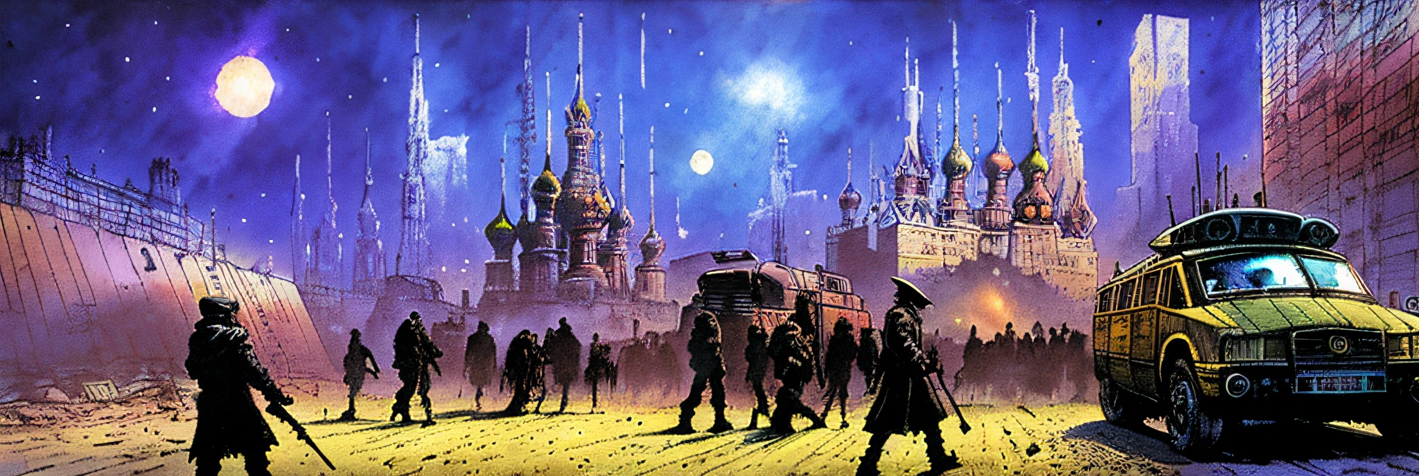 moscou-city, science fiction, complex scene futuristic, post-apocalyptic
dark, dim light, dark-scene, purple-scale
( ink sketch by Enki Bilal)((masterpiece, best quality, )),