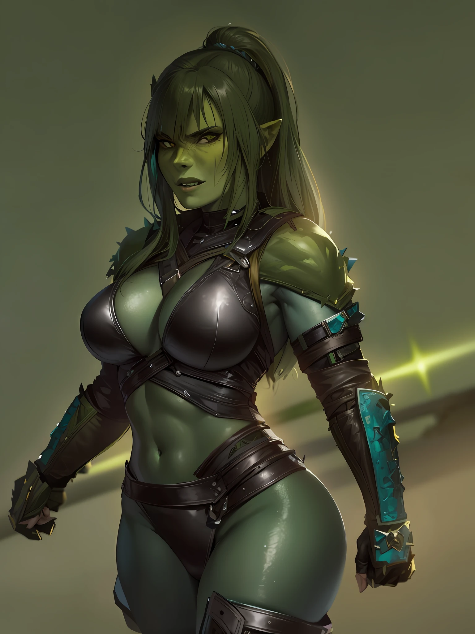(A closeup of a woman in a leather outfit with a sword), (((green female orc)))), (((female green orc)))), thematic orc, (warrior orc), (a very beautiful berserker woman), (female druid forest orc), ((alone))