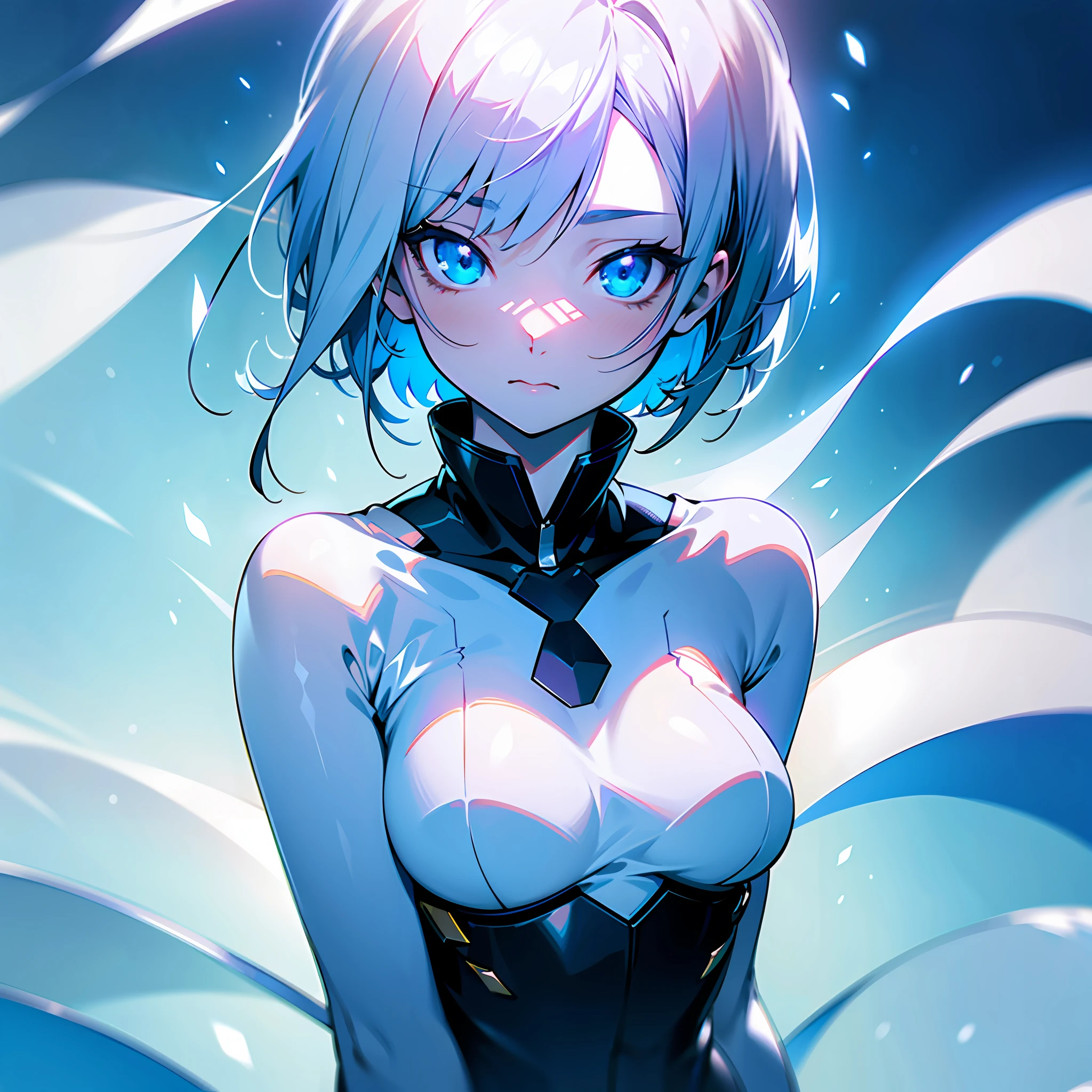 white skin, ultra beautiful face, breasts, breasts covering, hentai, ambient light, hentai pessonage, anime, short haired girl, silver white, blue eyes, gorgeous eyes, shy. , Maximum quality.