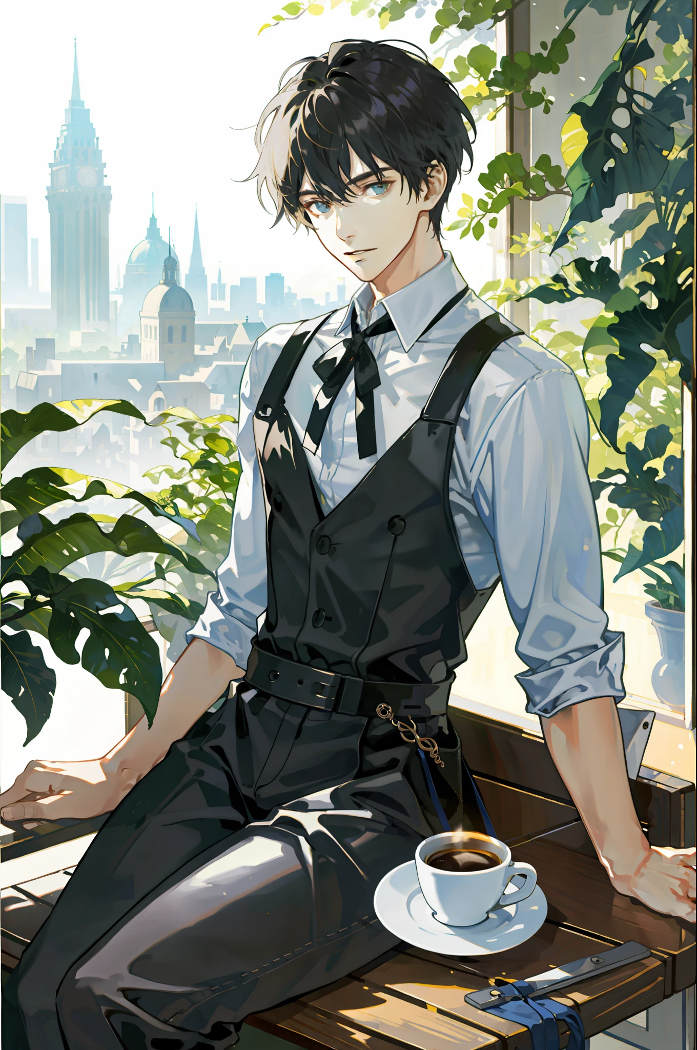masterpiece, Need for good, 1boy, male focus, handsome, open café, sitting, coffee drinking, spindle tree, afternoon sun, rough attire, front, depth of field