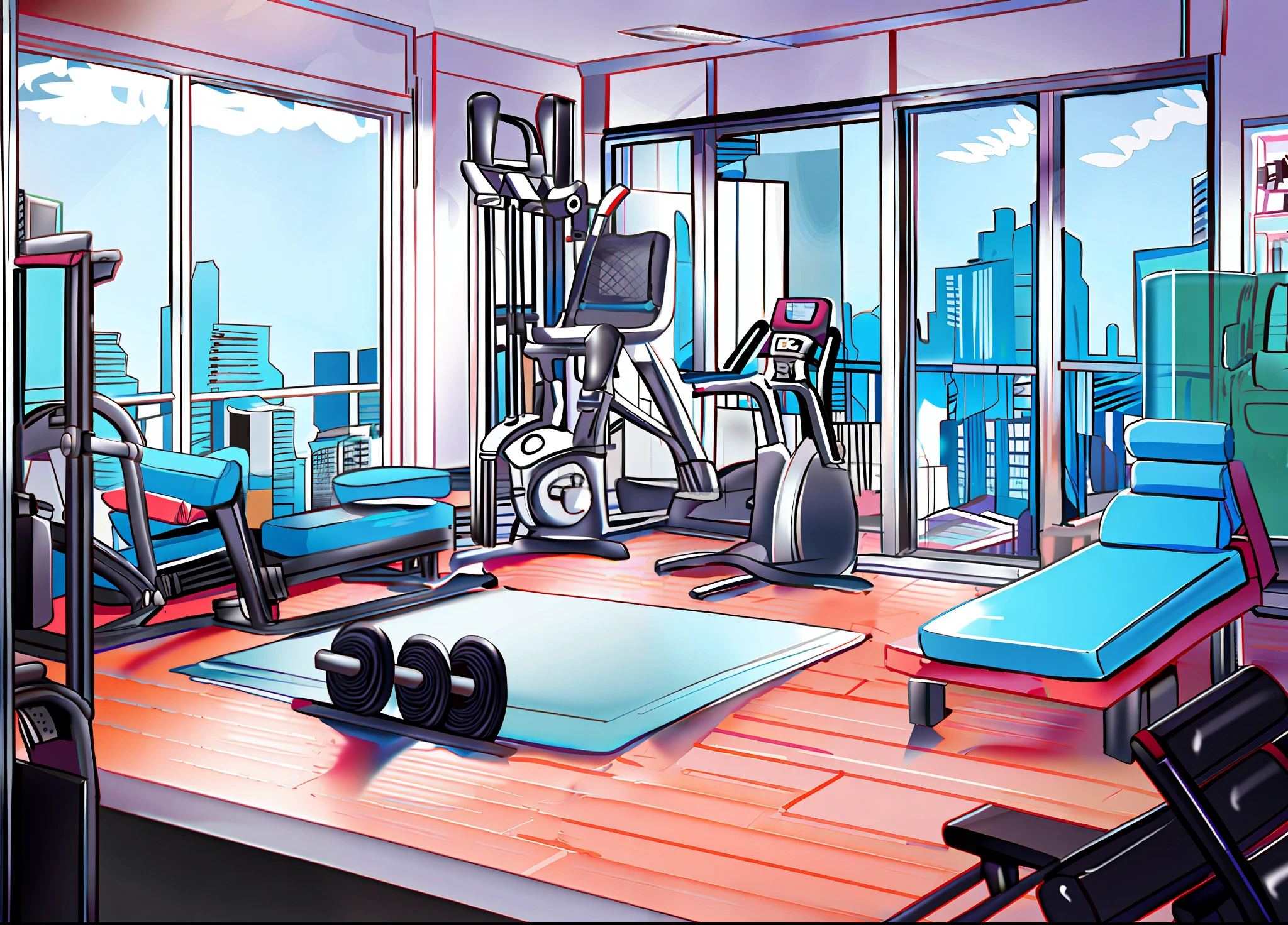 Cartoon illustration with fitness equipment and modern cityscape, background gym, background art, personal room background, bed, coffee table, item display case, interior background art, modern style apartment, modern city apartment with fitness equipment, detailed 2D illustration, relaxation concept art, anime background art, ((Style words: rough lines + quality words: lo-fi)), Filter description: (black and white, with graininess) (line art: 2.0)