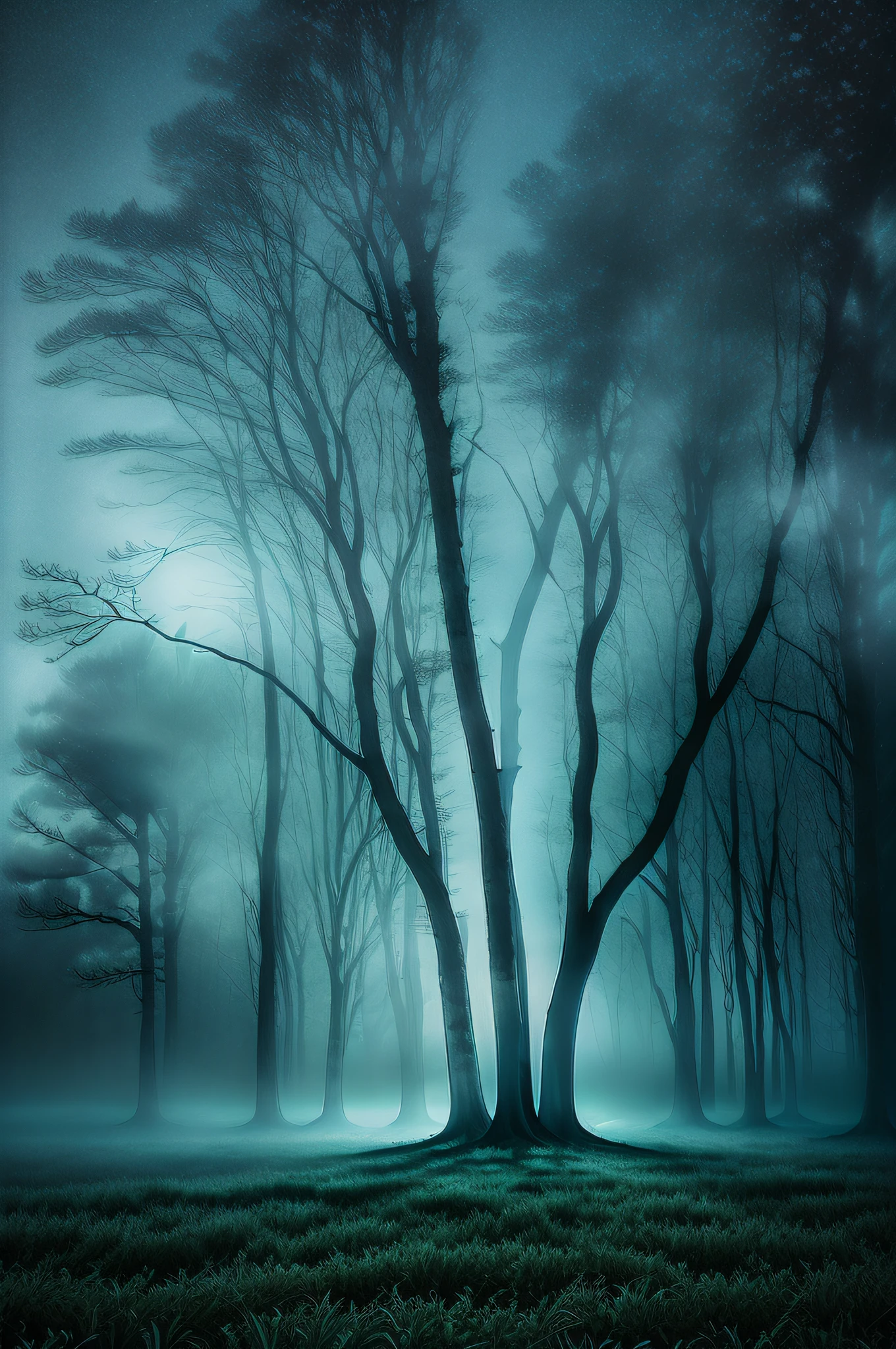 double exposure, surreal, dreamy, ethereal, mystical, dark night, trees, mist, eerie, mysterious, moody, cinematic, Nikon D850, 50mm lens, f/1.4 aperture, Adobe RGB color space --q 2