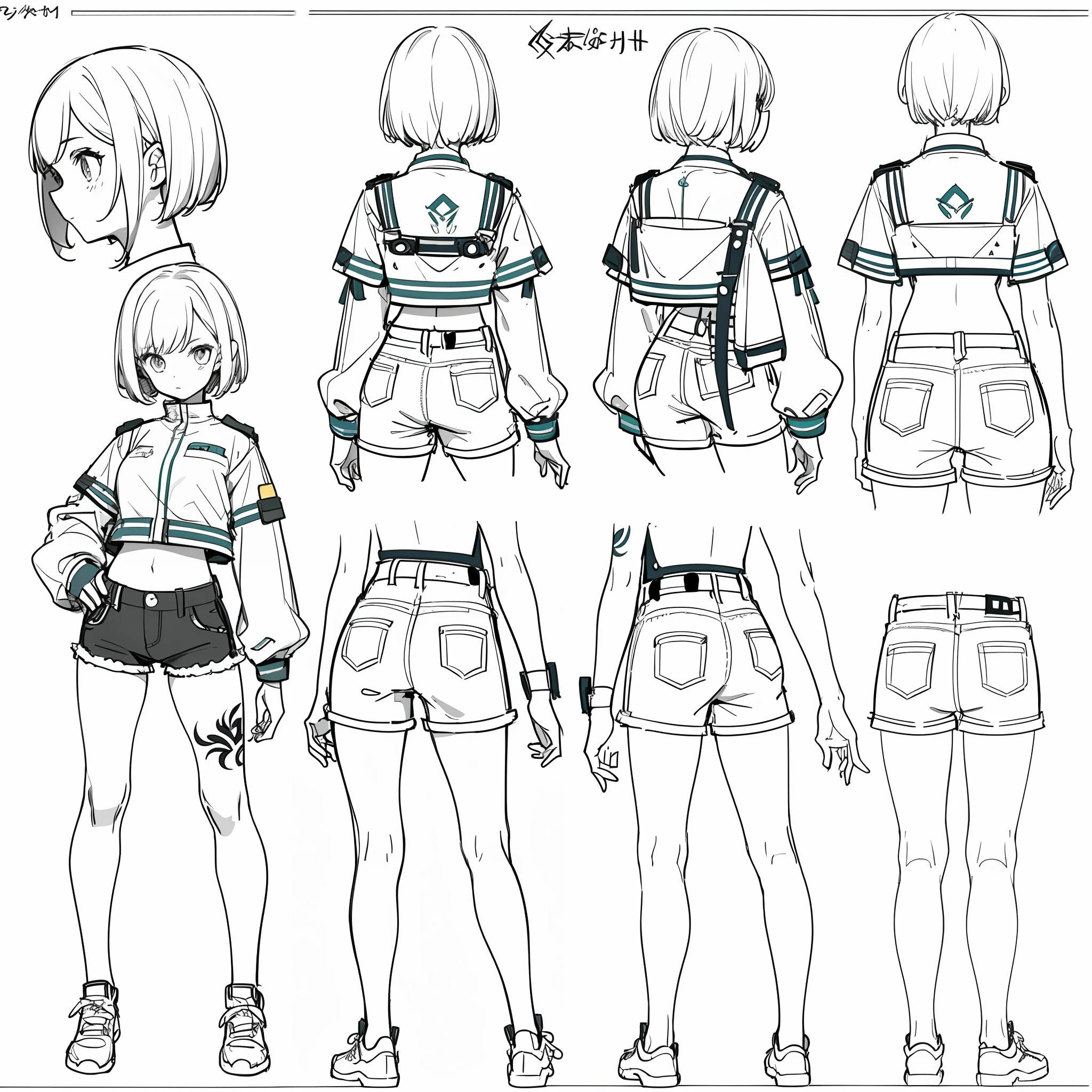 (masterpiece, best quality) detailed, girl, drawing reference, reference, lineart, sketch, Crop tops and short shorts, hips, short hair, leg tattoo (character design sheet, same character, front, side, back)